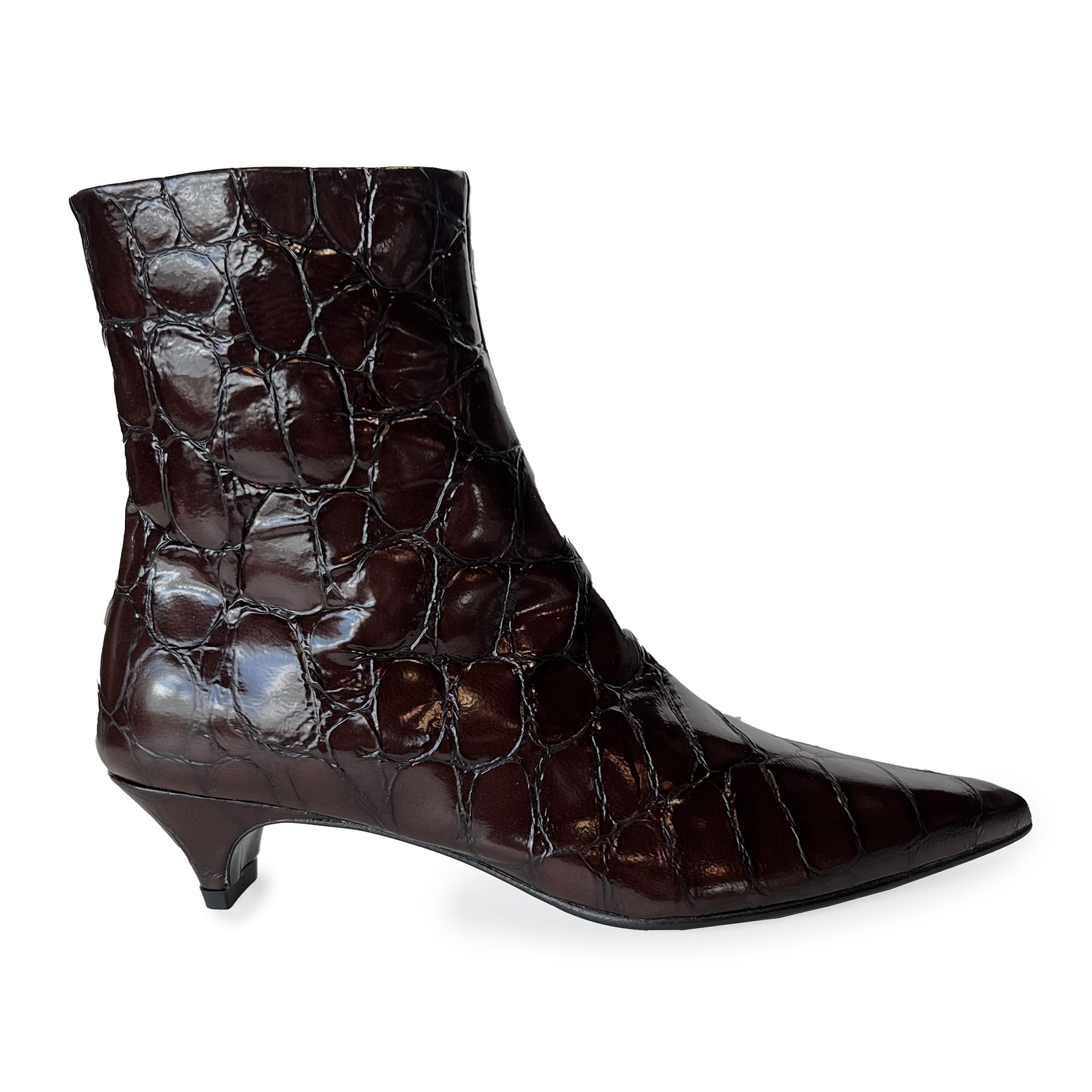 Croco Embossed Leather Pointy Toe Kitten Heel Ankle Boots - FOSCA16C Shoes Halmanera Brown 36