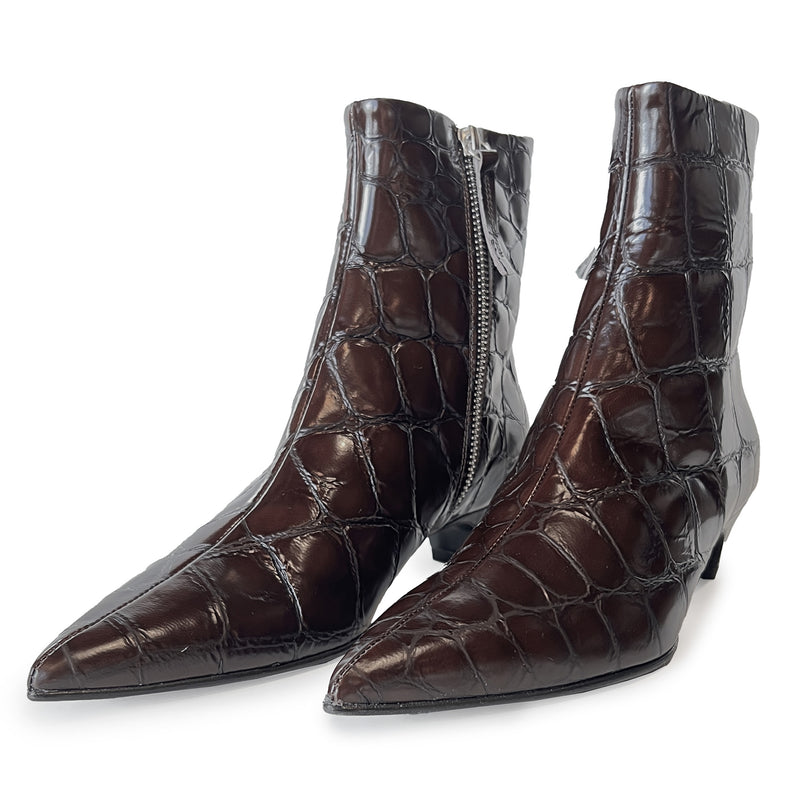 Croco Embossed Leather Pointy Toe Kitten Heel Ankle Boots - FOSCA16C