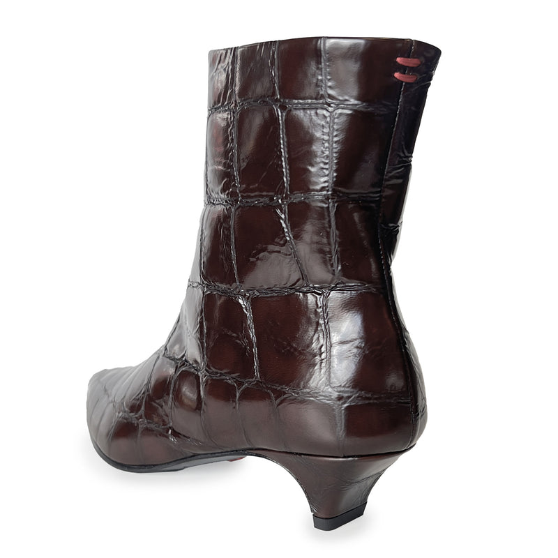Croco Embossed Leather Pointy Toe Kitten Heel Ankle Boots - FOSCA16C
