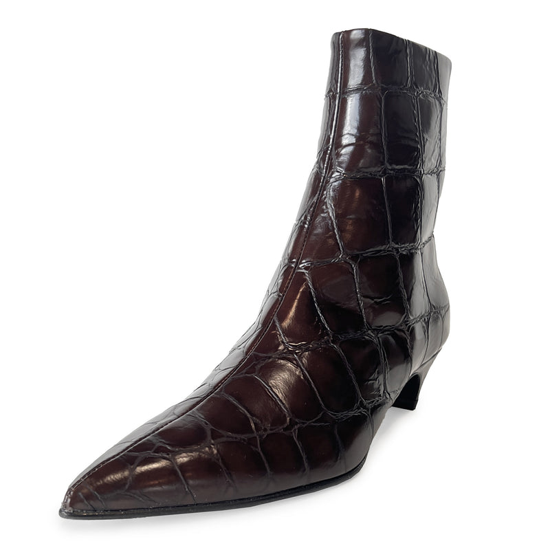 Croco Embossed Leather Pointy Toe Kitten Heel Ankle Boots - FOSCA16C