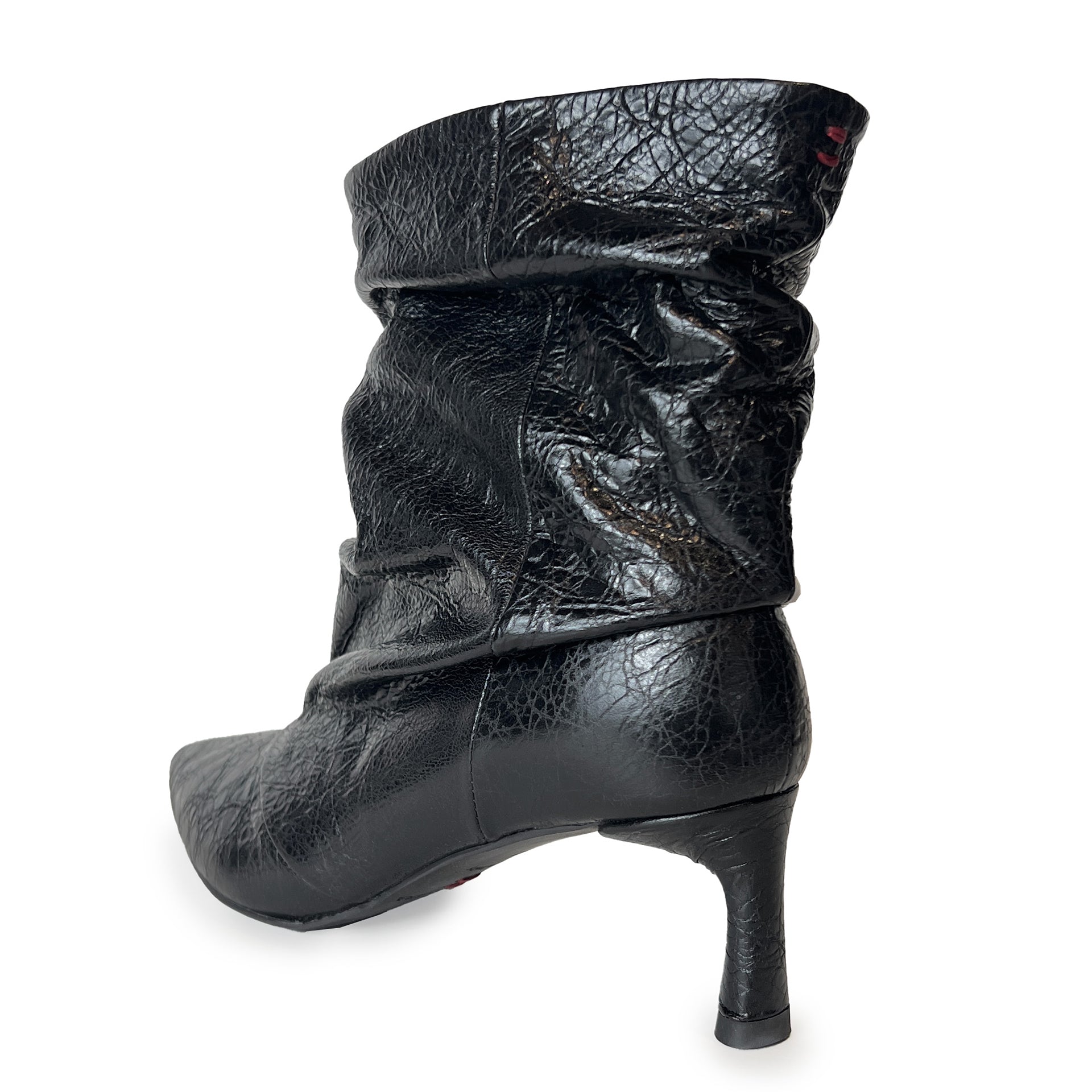 Crinkle Leather Pointy Toe Ruched Ankle Boots - GIL24 Shoes Halmanera