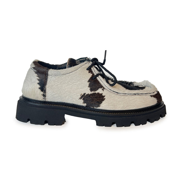 Cow Print Calf Hair Lace Up Loafer with E.V.A. Sole