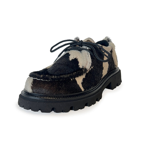 Cow Print Calf Hair Lace Up Loafer with E.V.A. Sole
