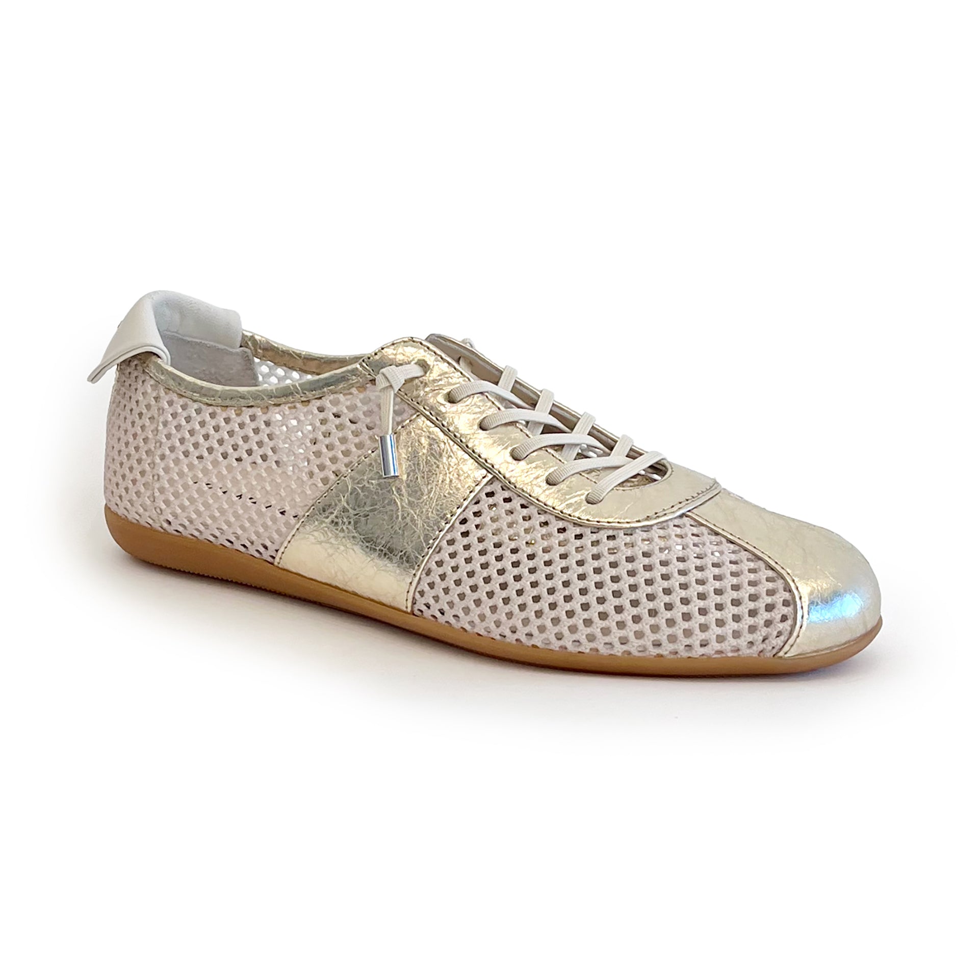 White mesh sneaker with metallic leather contrast on a white background