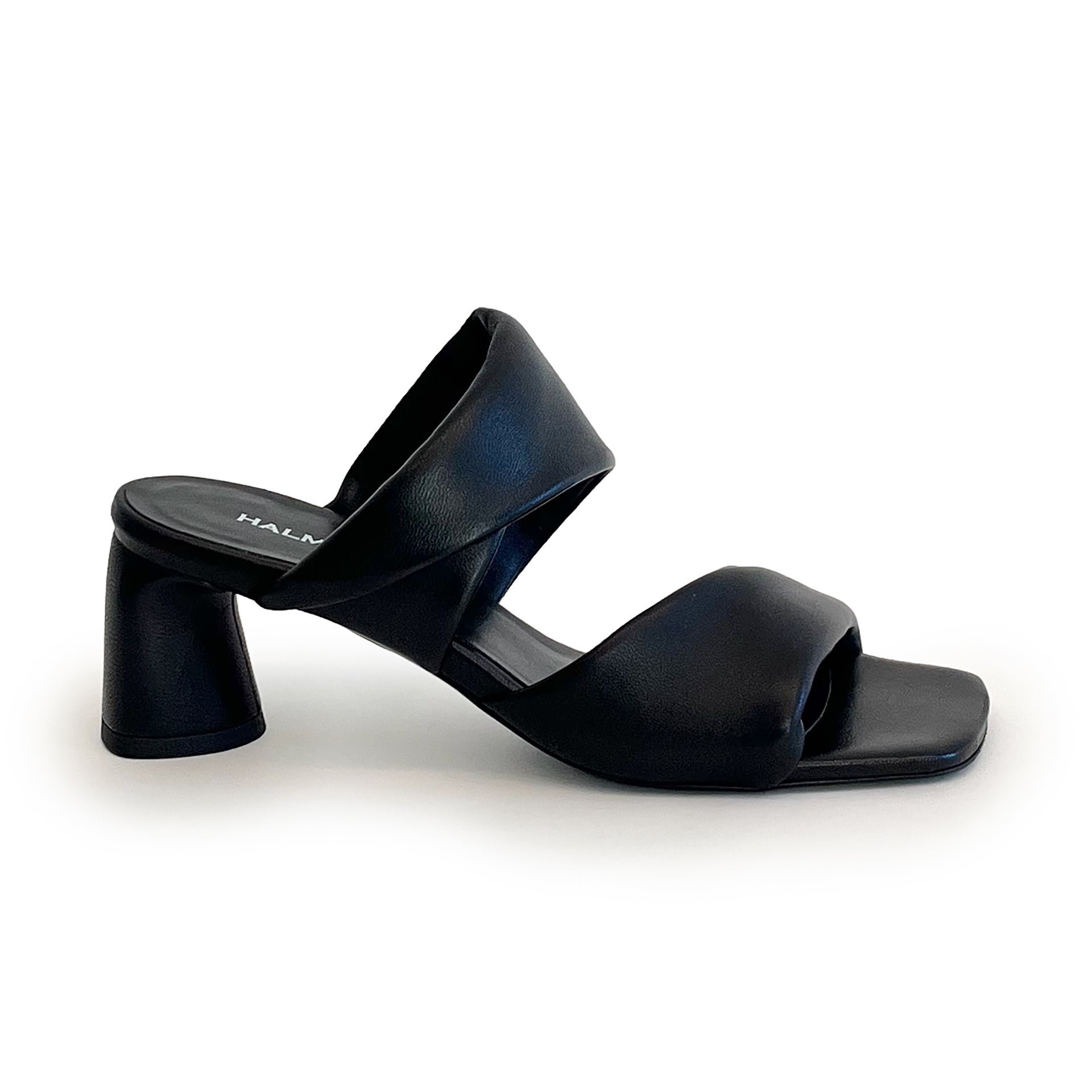 Black sculptured chunky heel sandal on a white background