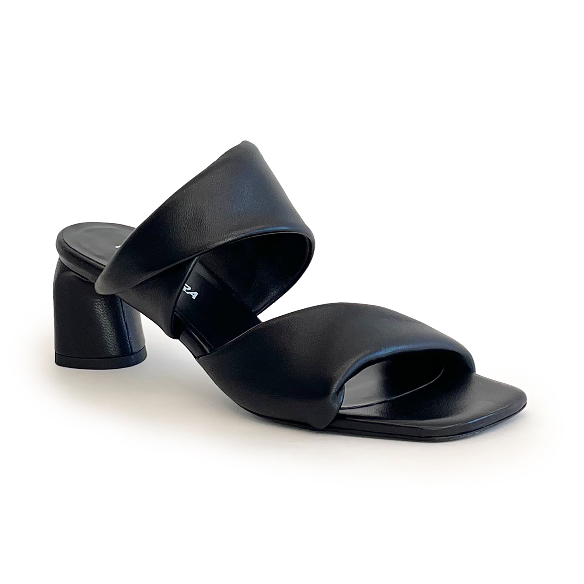 Black sculptured chunky heel sandal on a white background