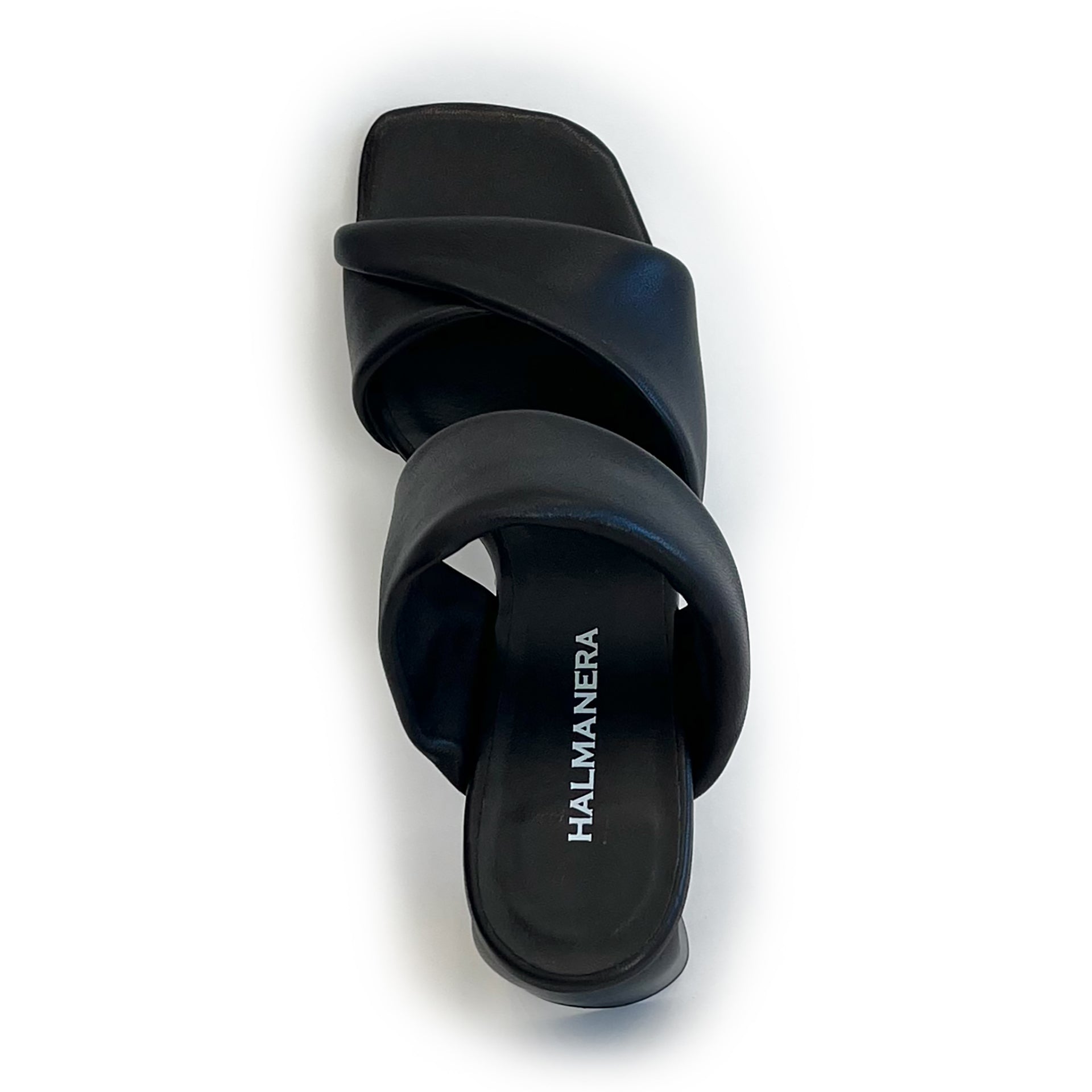 Black sculptured chunky heel sandal on a white background