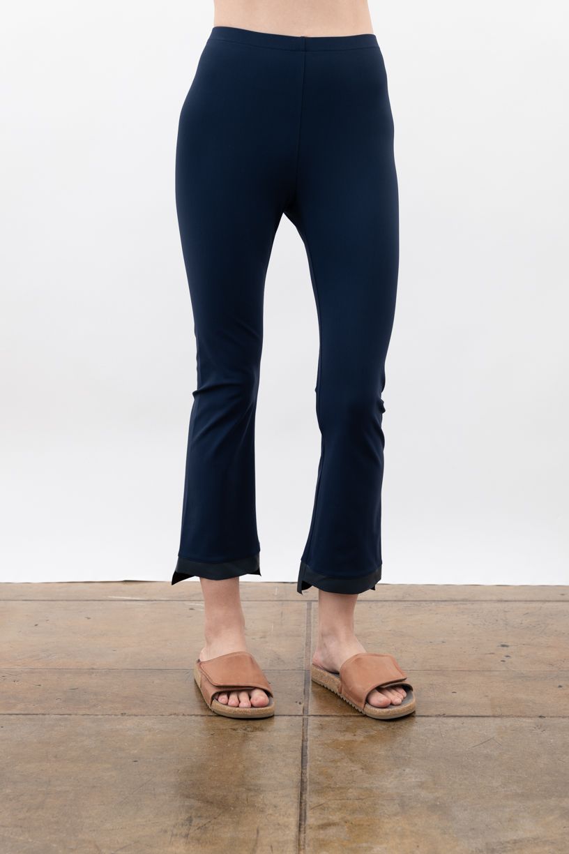 Tech Stretch Vegan Leather Step Hem Cropped Flare Pant- OLGA Pant STYLEM Indigo P