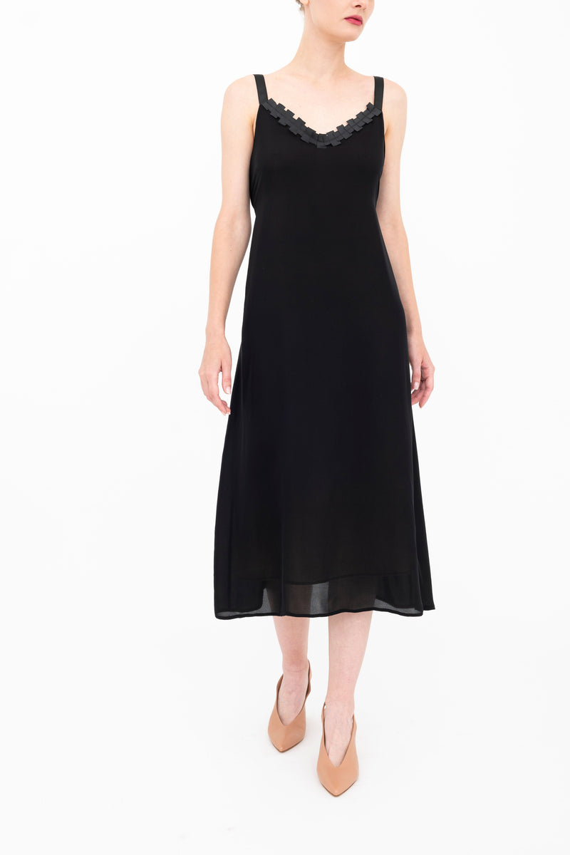 Silk Georgette Strap Midi Dress with Grosgrain Trim - BABETTE Dress GENERAL ORIENT Black P