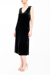 Silk Velvet V Neck Sleeveless Midi Dress - ATHENA H24 Dress GENERAL ORIENT Black Velvet P 