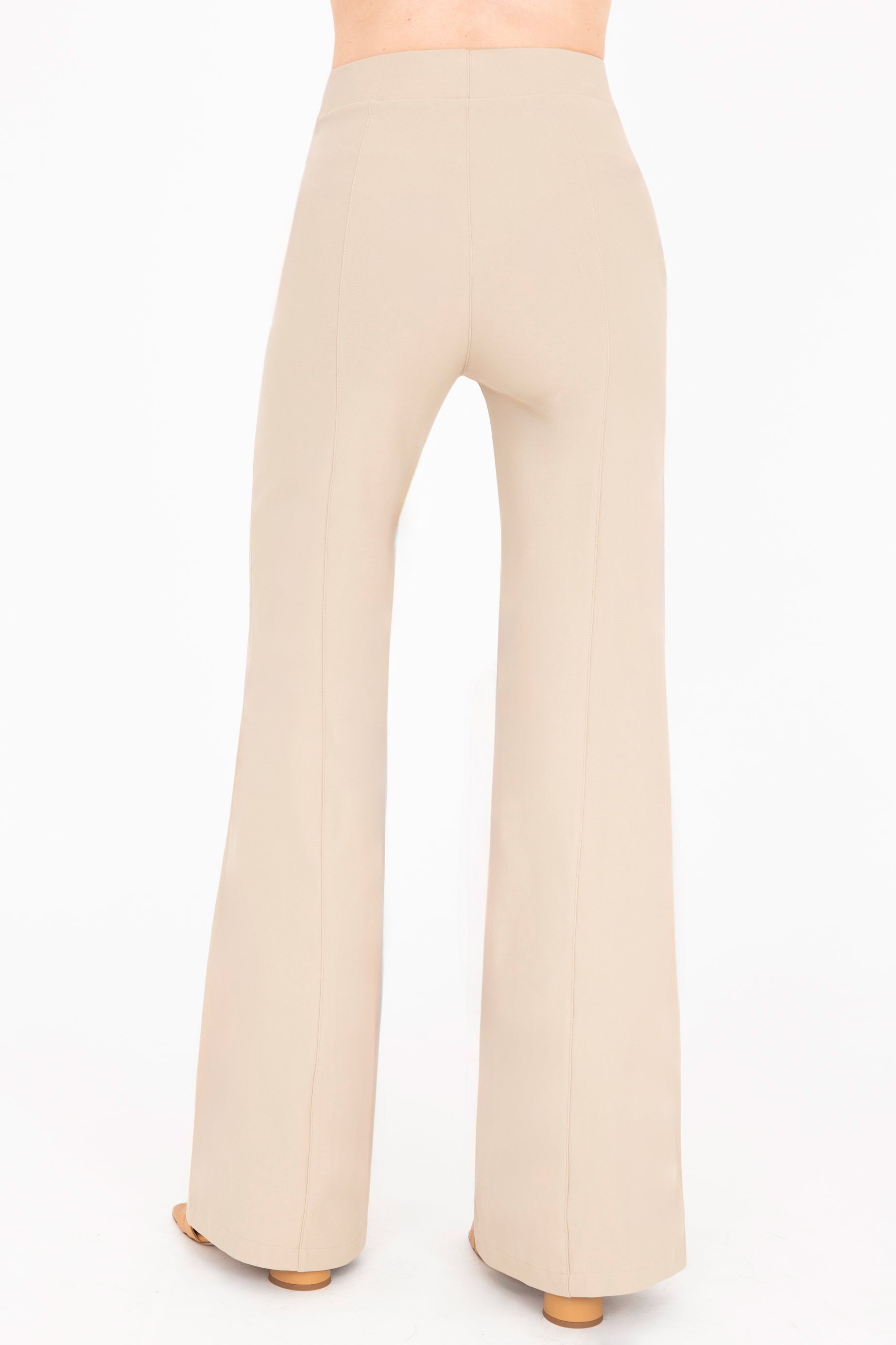 Back view of khaki wide-leg pants on a white background