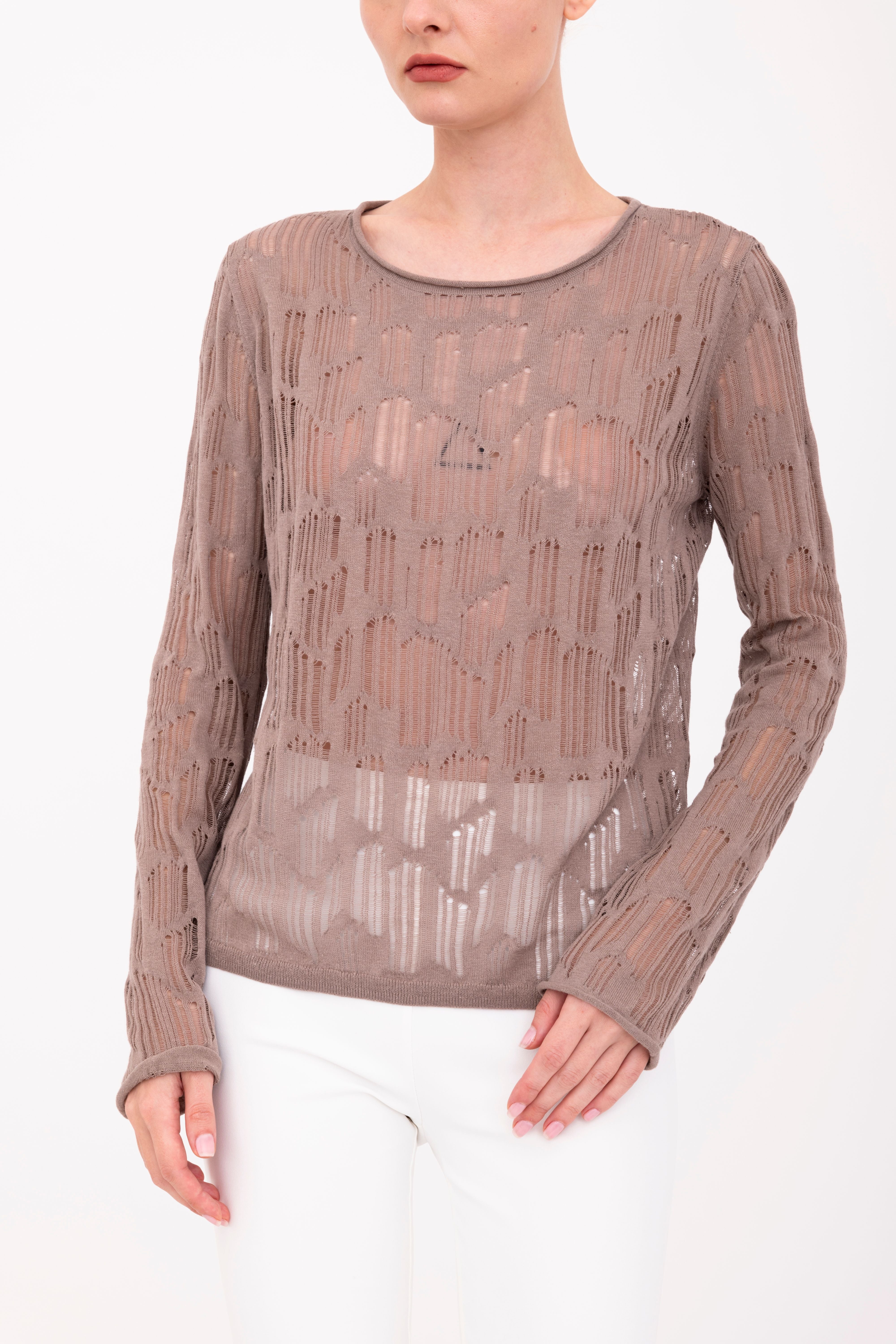 Organic Cotton Hemp Distressed Crew Neck Top - BENI Sweater YUE FENG