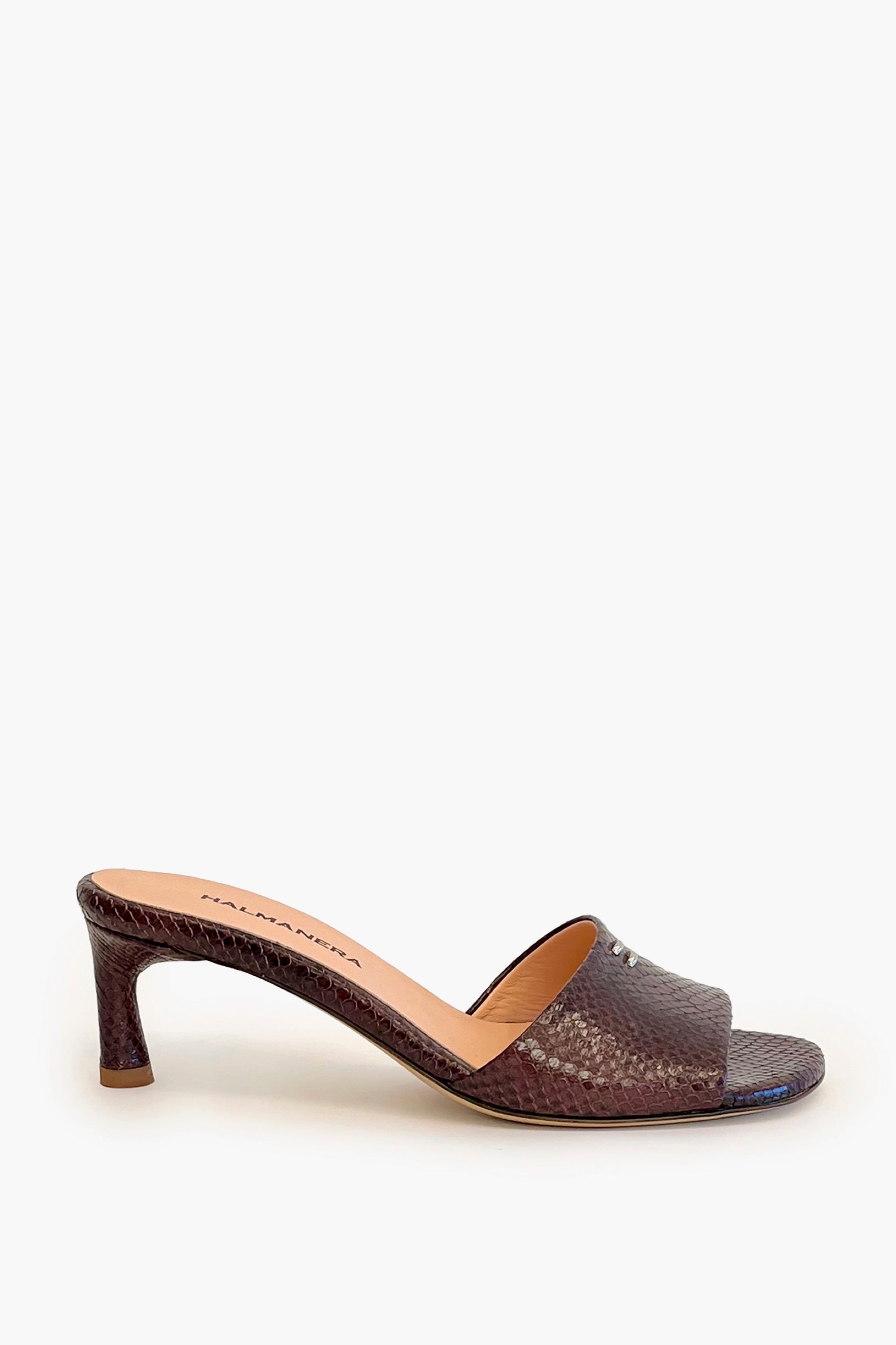 Brown snakeskin mid-heeled mule shoe  on a white background