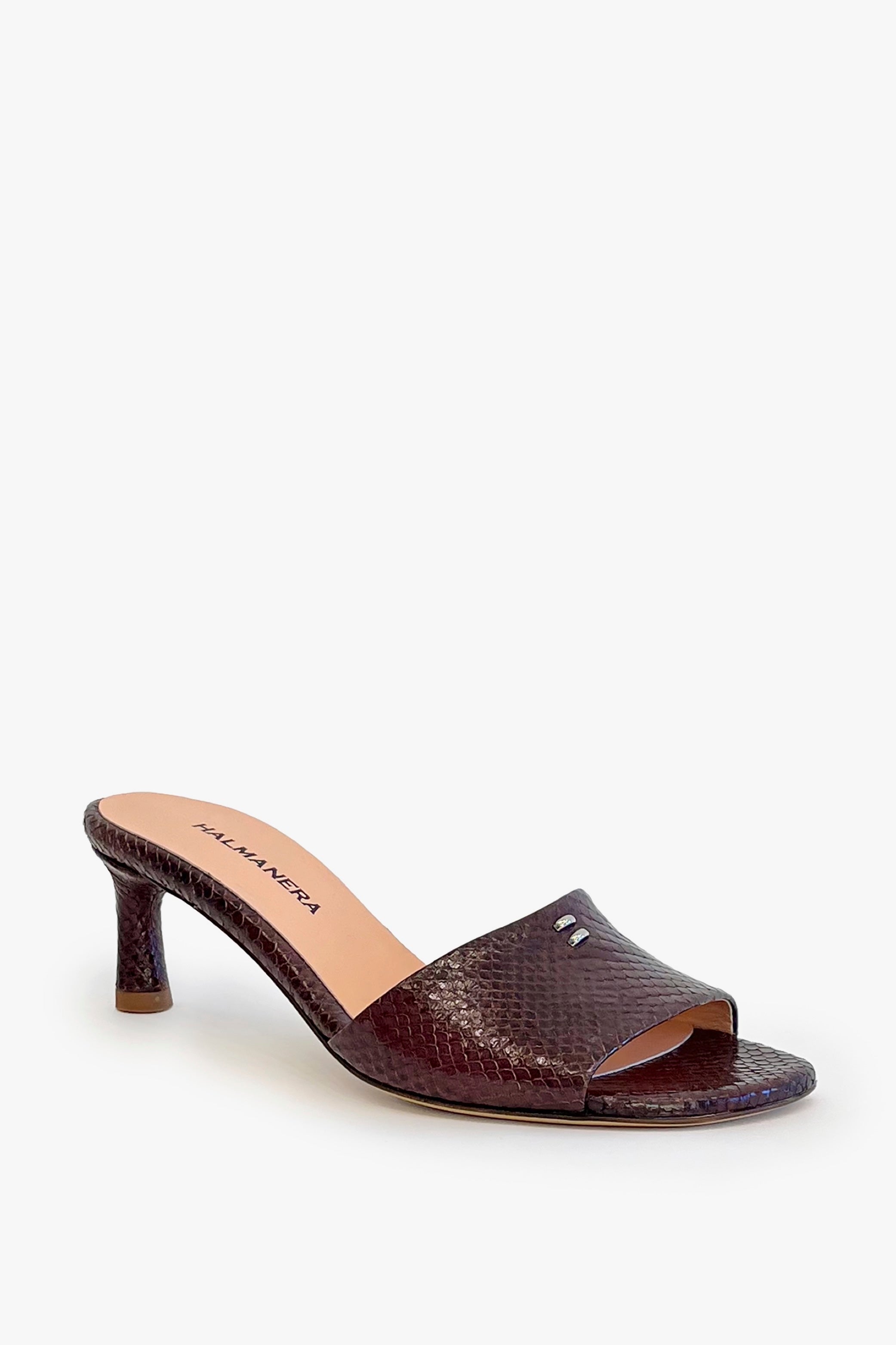 Brown snakeskin mid-heeled mule shoe  on a white background