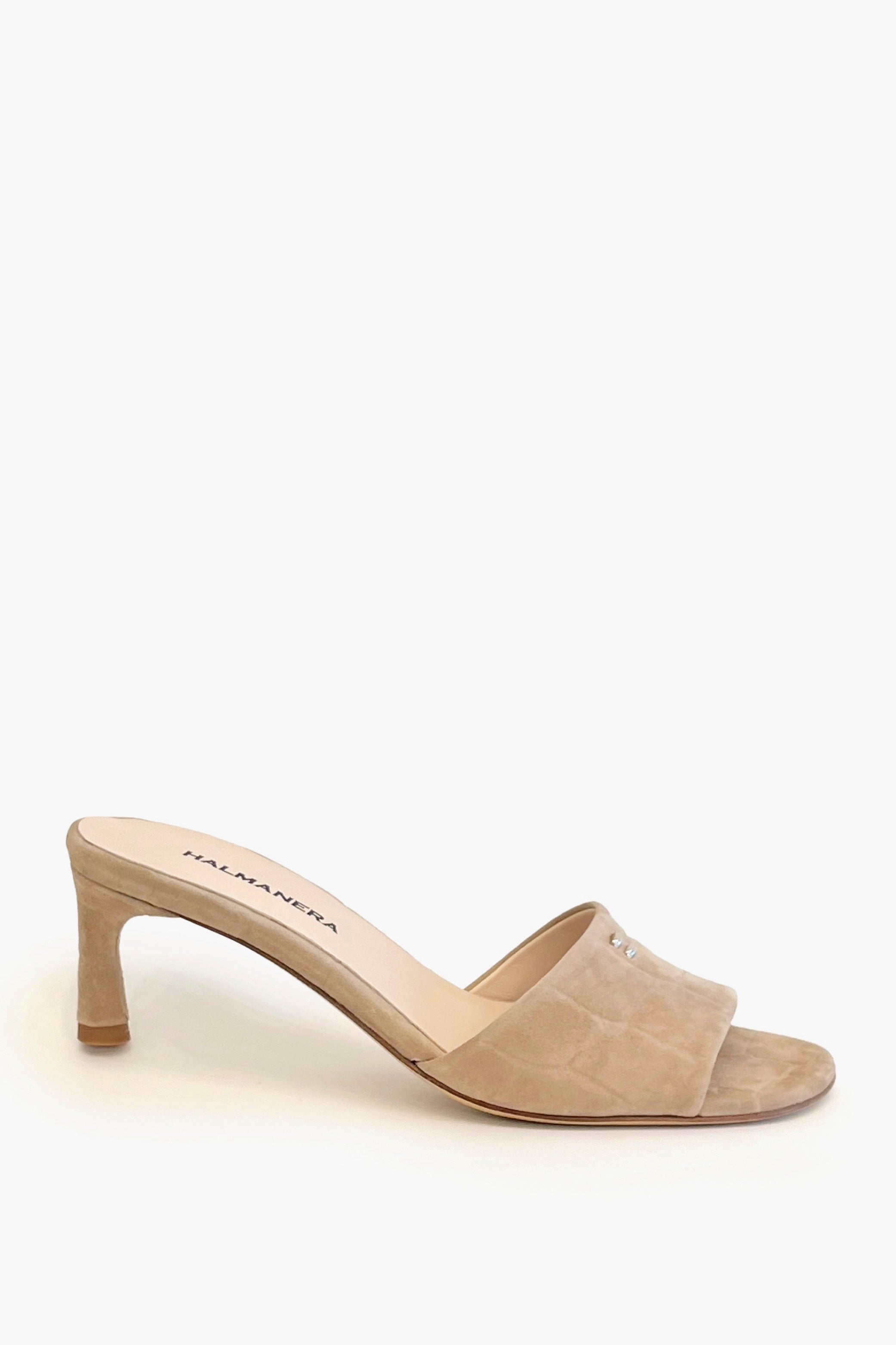 Beige croco  mid-heeled mule shoe  on a white background