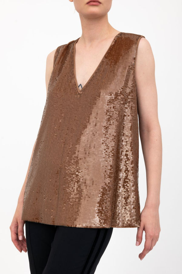 Sequins V Neck Shell Top - ARIANA H24 Top GENERAL ORIENT Bronze Sequin P/S 