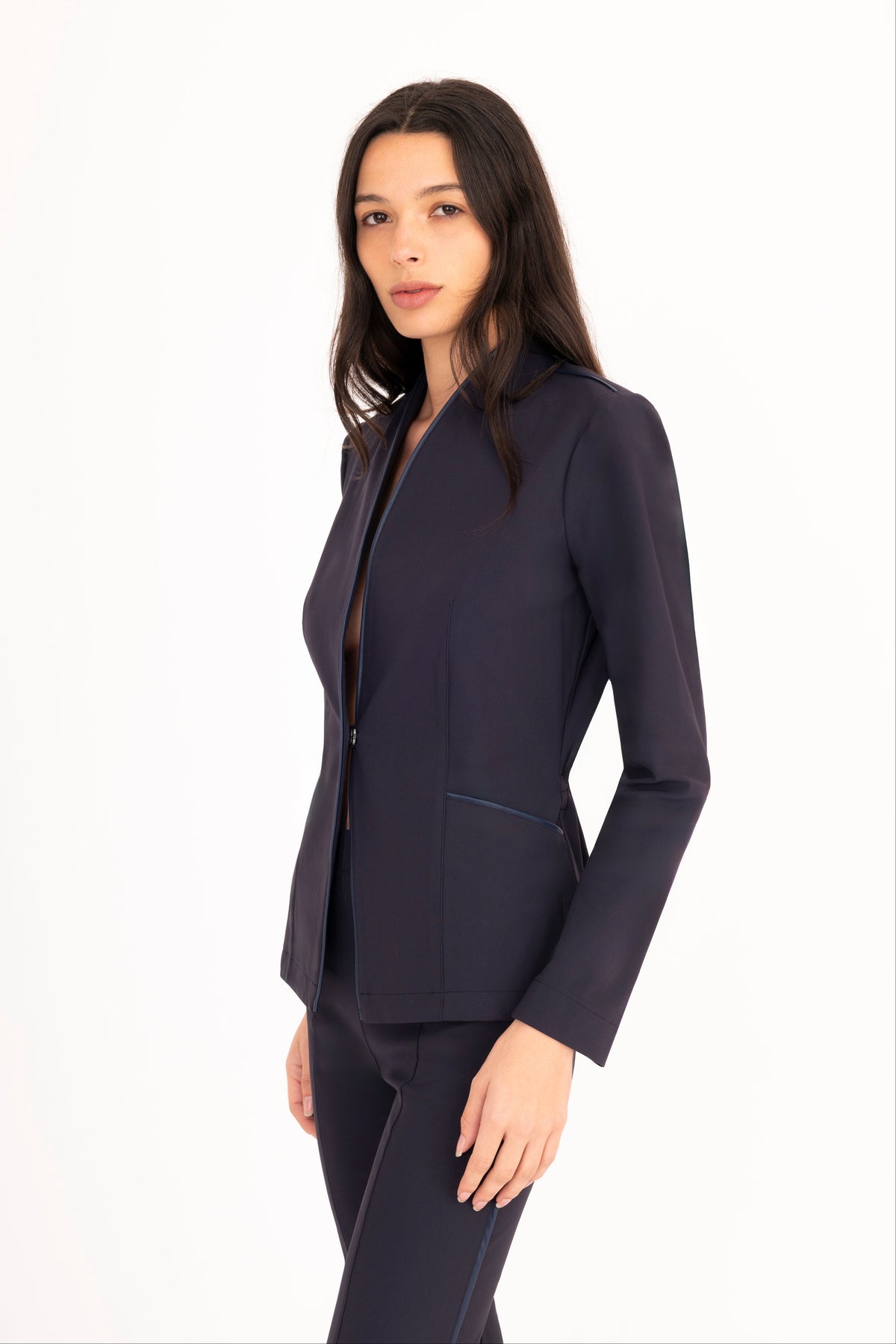 Tech Stretch Short Blazer with Vegan Leather Trim - EDINA