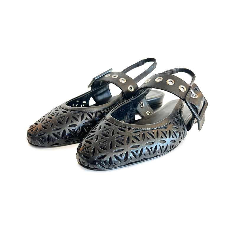 Round Toe Perforated Sling Back Flats with Buckle - DOS55 Shoes Halmanera