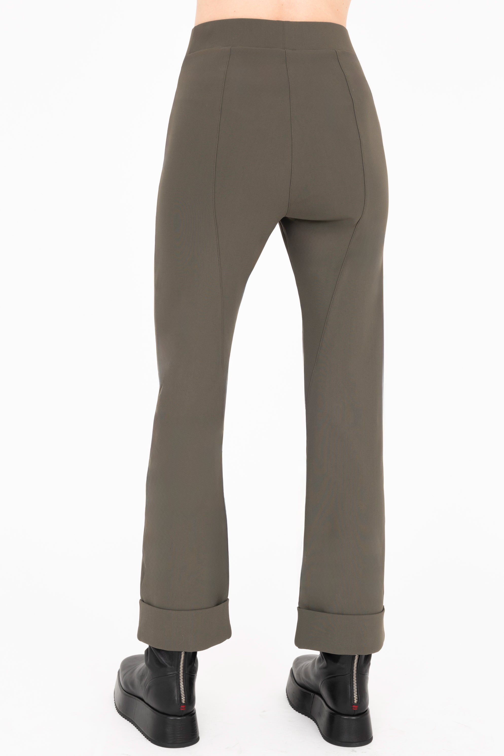 Back view of olive cropped cuff pants on a white background