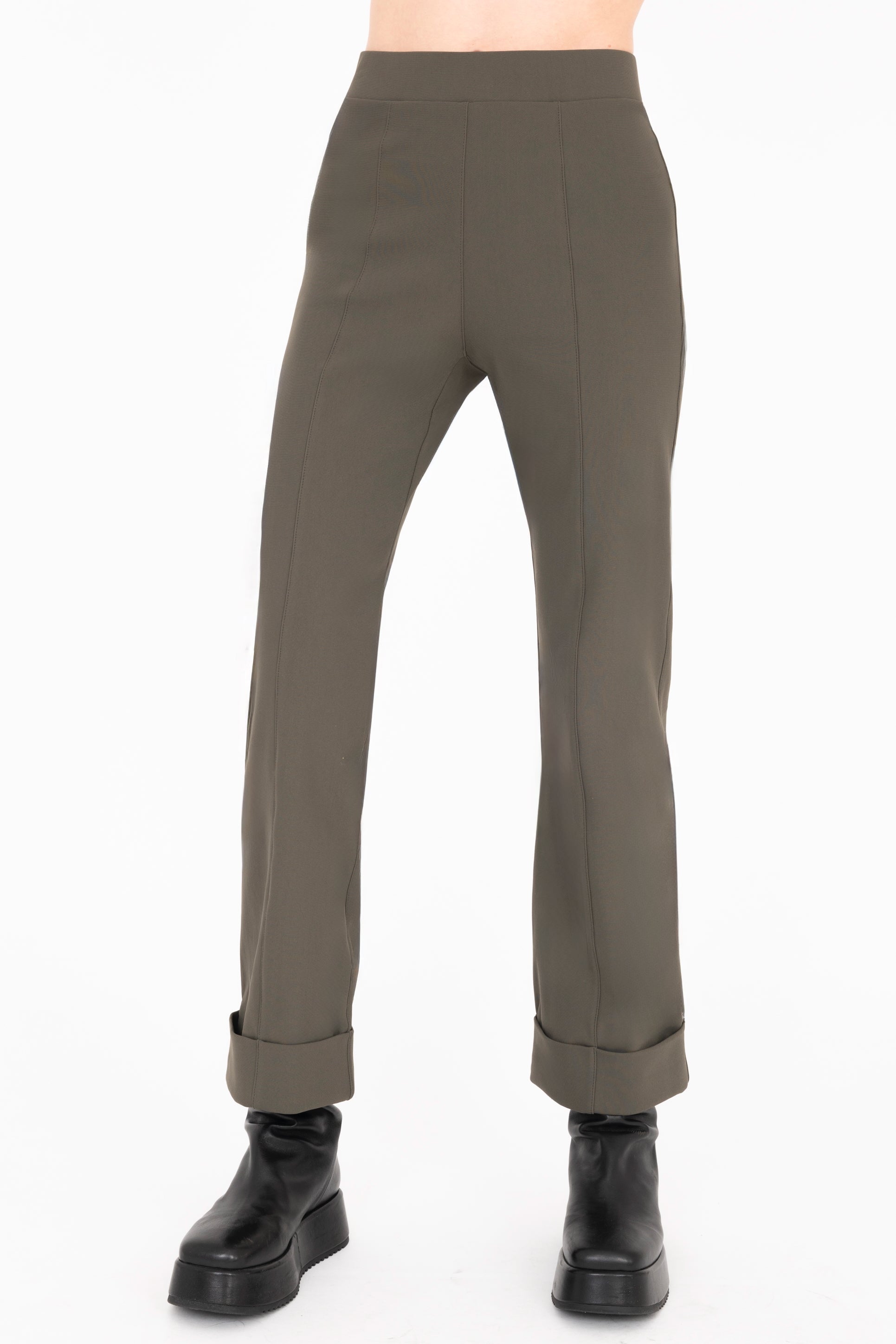 Front view of olive cropped cuff pants on a white background