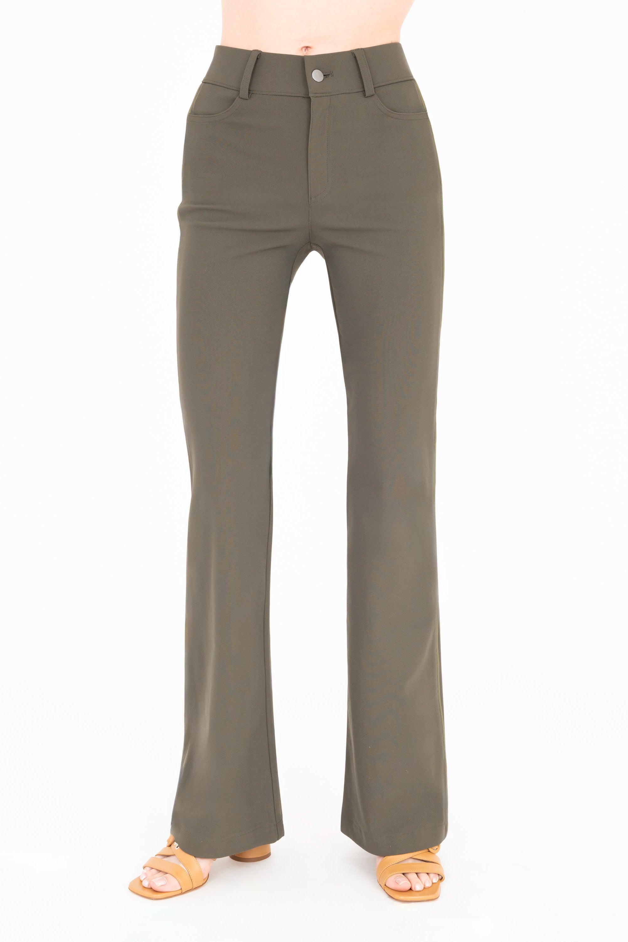 Front view of olive flare jean pants on a white background