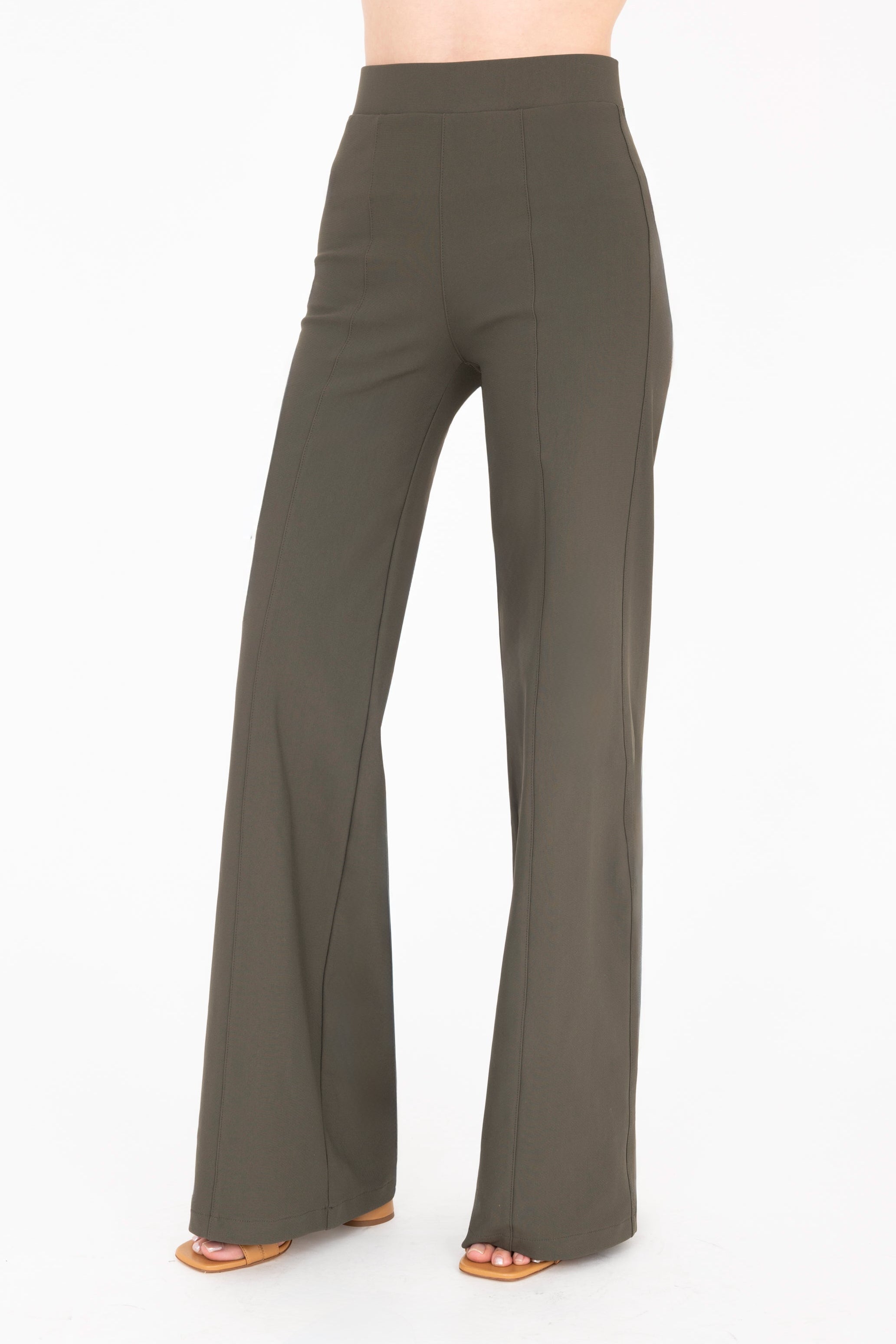 Side view of olive wide-leg pants on a white background