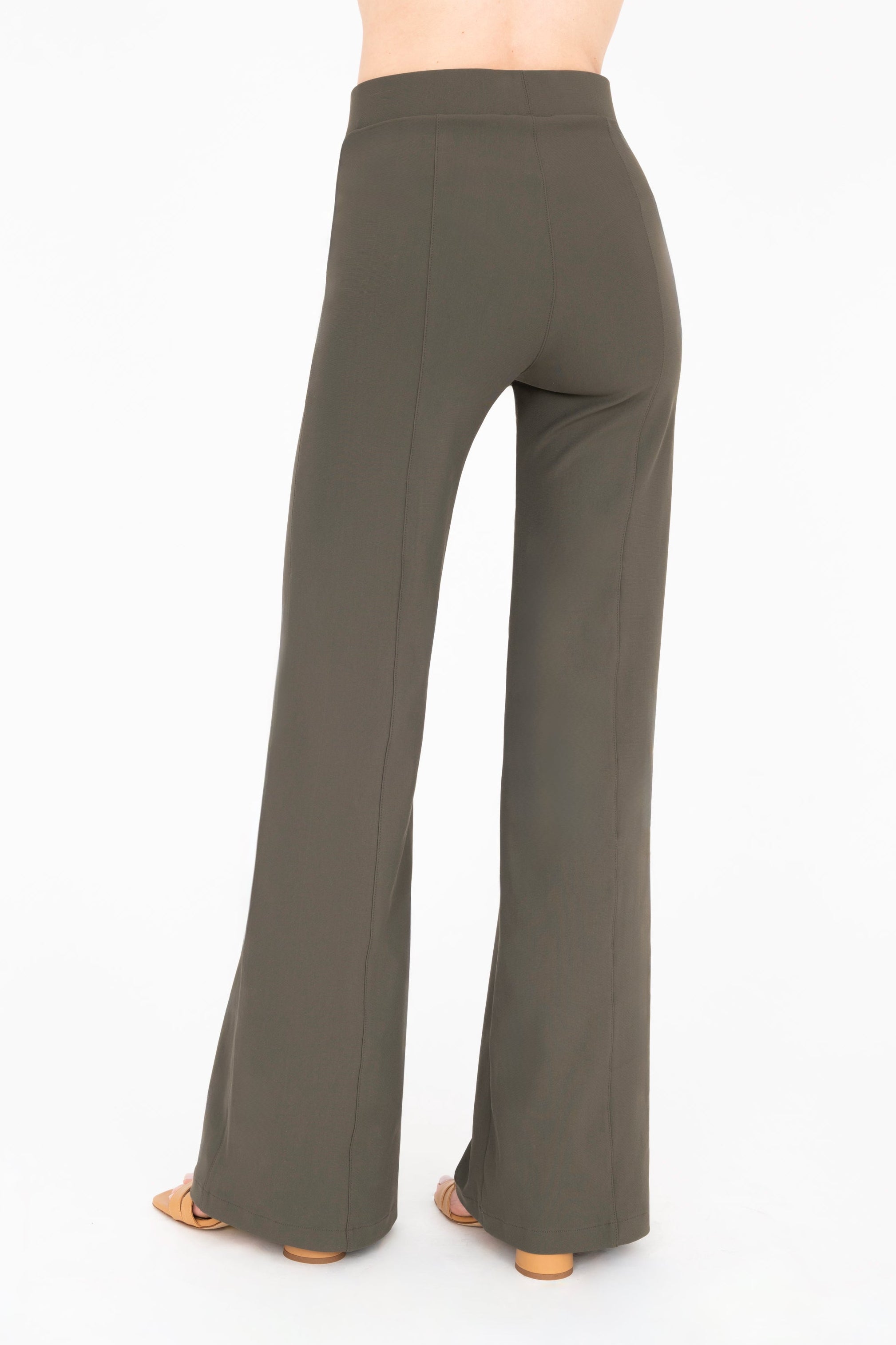 Back view of olive wide-leg pants on a white background