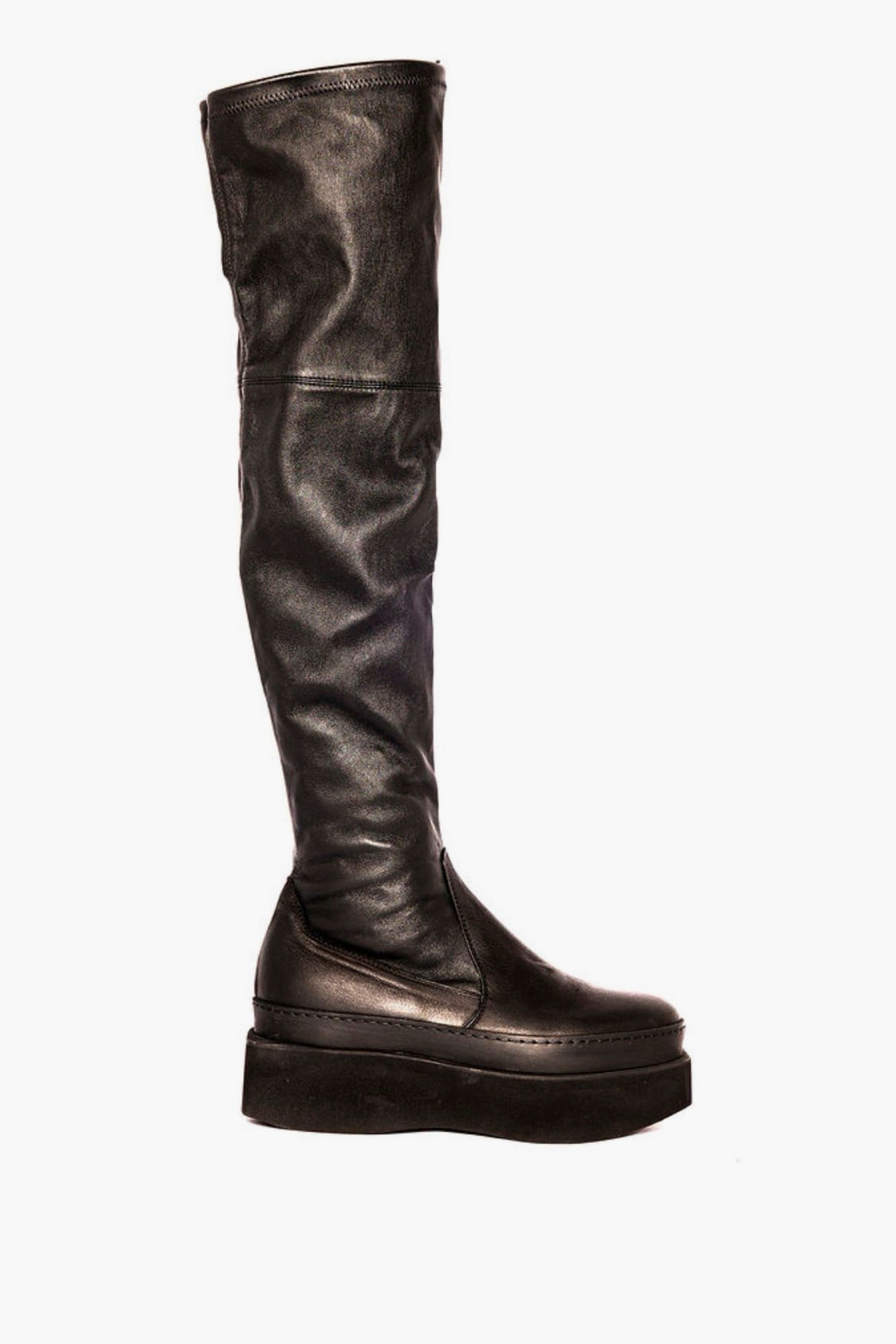 Black leather knee-high boot on a white background