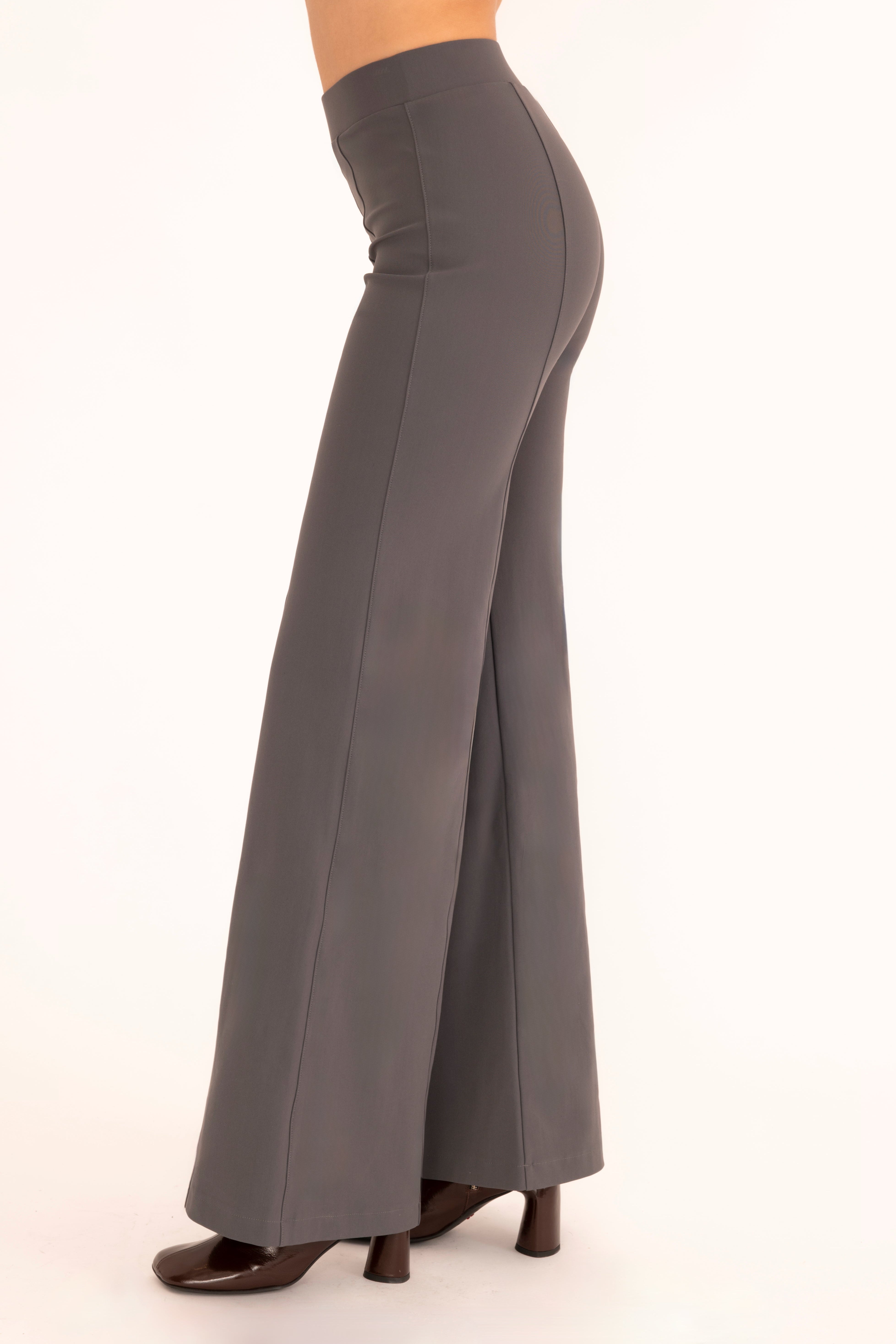 Side view of gray wide-leg pants on a white background