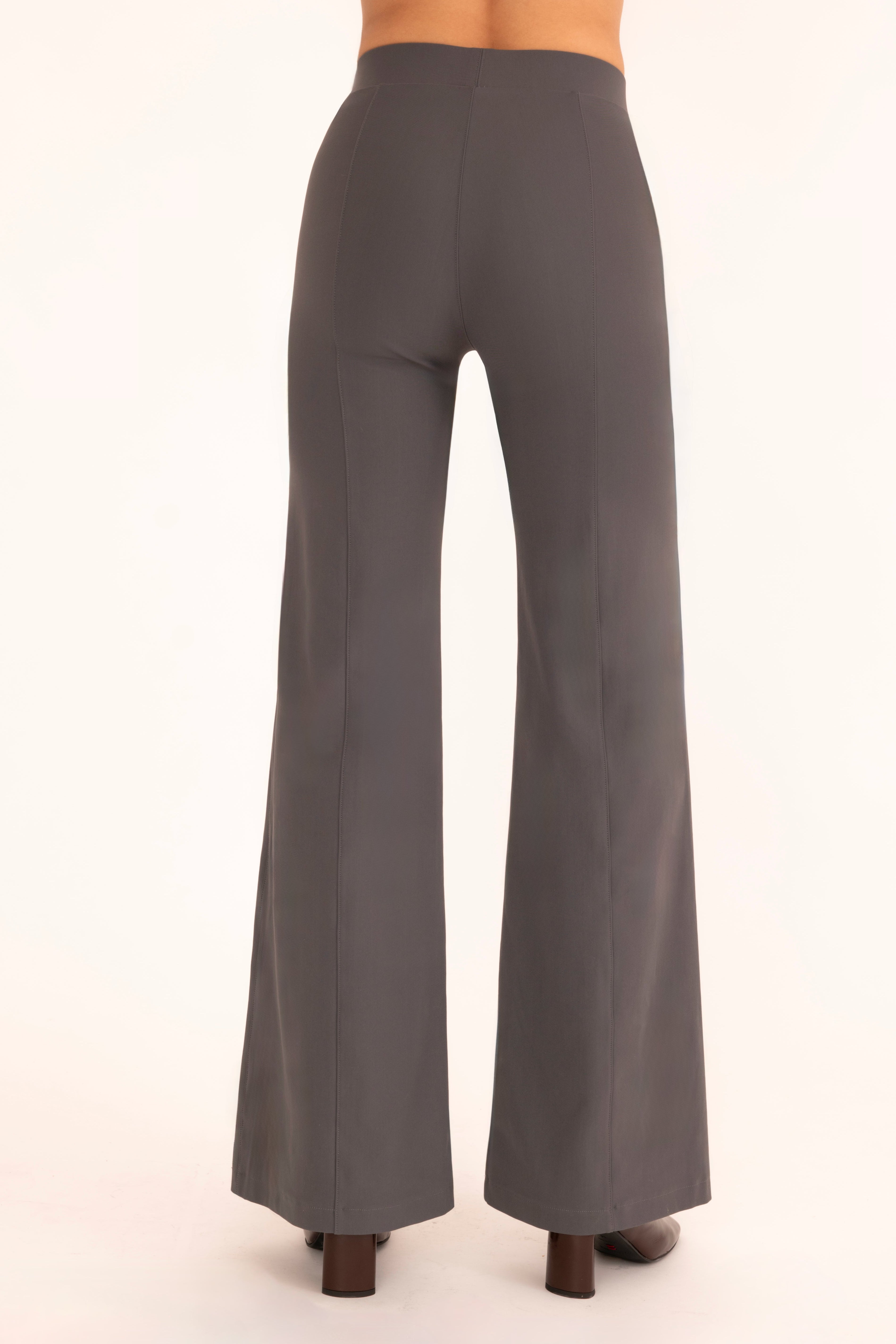 Back view of gray wide-leg pants on a white background