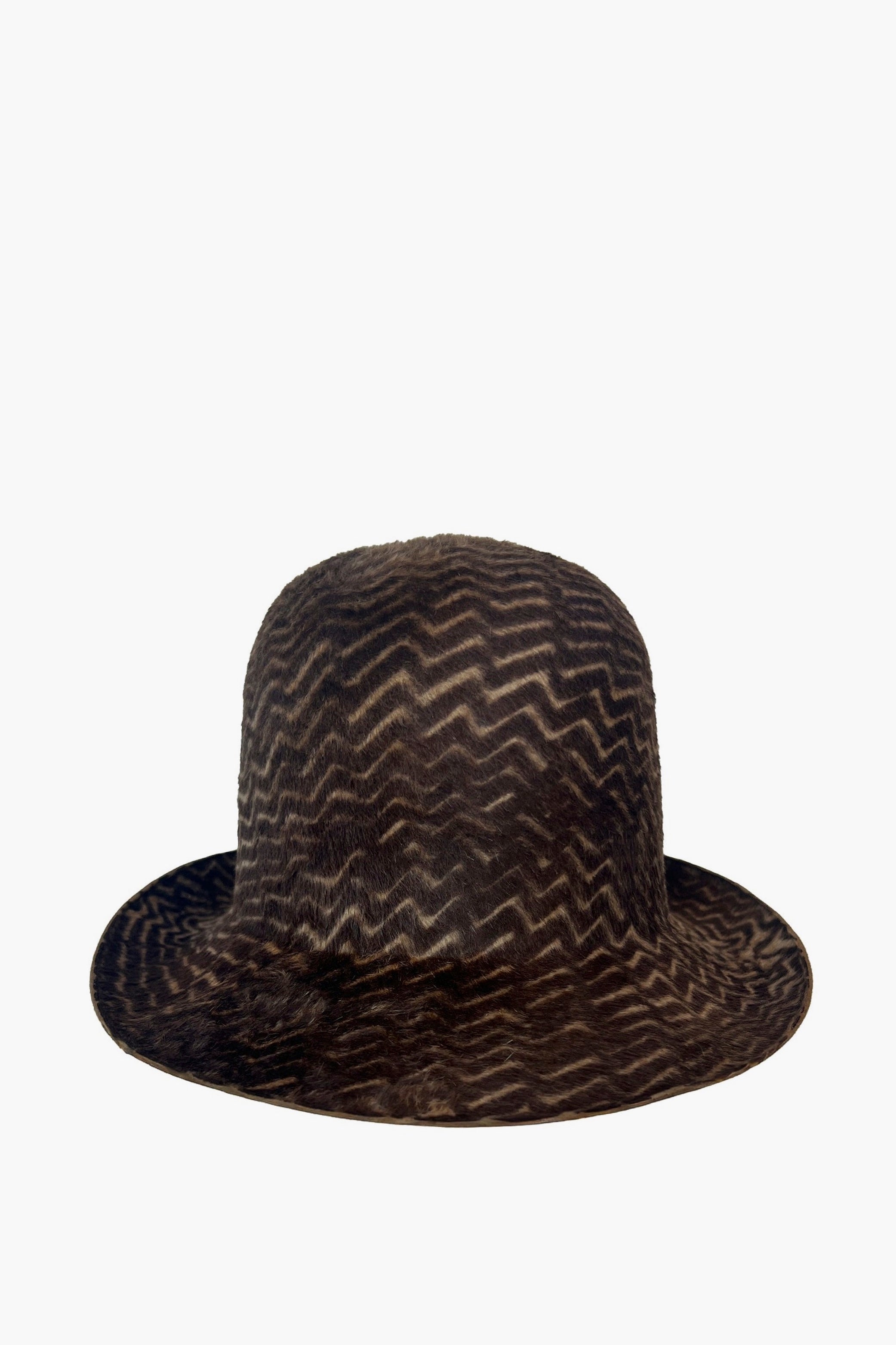 Derby hat with brown herringbone pattern on a white background