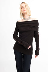 Cashmere Blend Off Shoulder Rib Knit with Velvet Trim - ASHIYA H24 Sweater STYLEM   