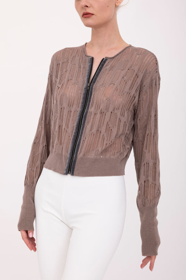 Organic Cotton Hemp Distressed Crew Neck Zip Jacket - BONSAI Sweater YUE FENG Mauve Knit P
