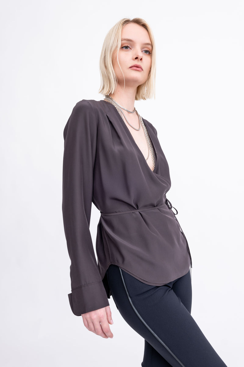 Silk Surplice Top with Wrap Tie - AMBROSE Shirt GENERAL ORIENT