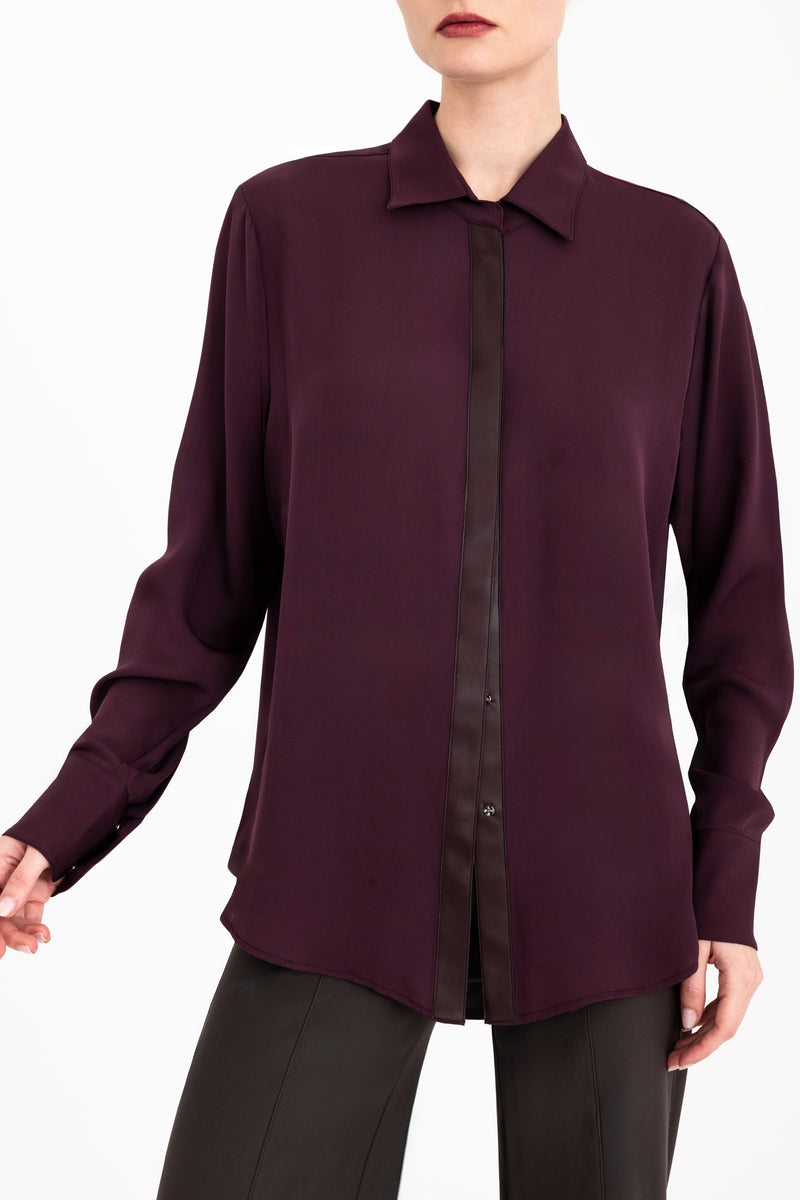 Silk Georgette Button Up Shirt with Vegan Leather Trim - CISUSS Top GENERAL ORIENT Burgundy P