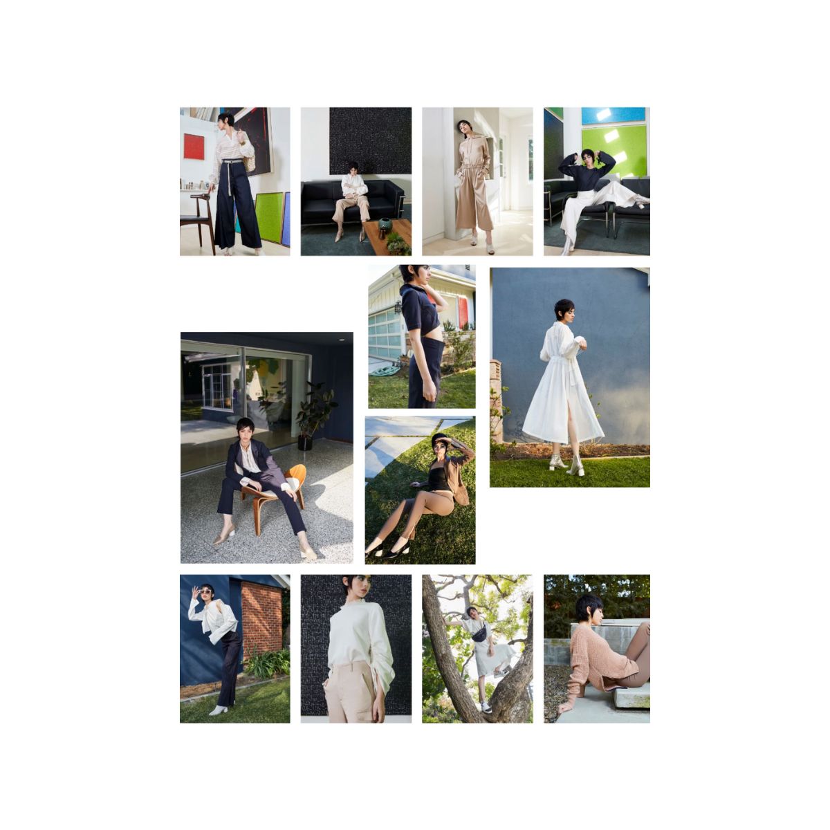 Collage of a woman in various outfits in different settings