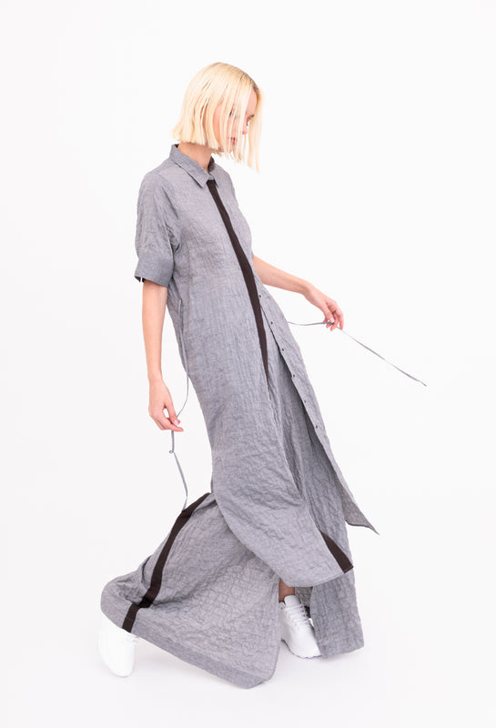 woman wearing stone grey cotton top and pants