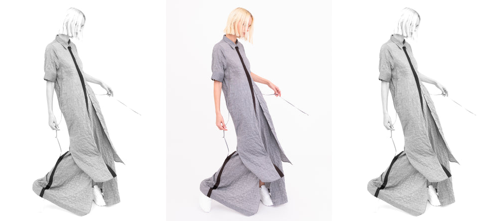 woman wearing stone grey cotton top and pants