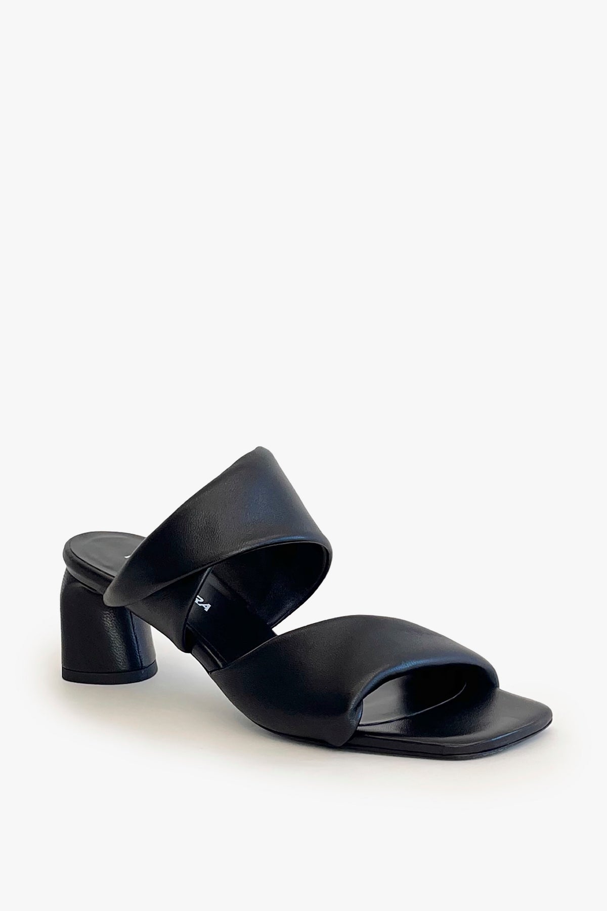 Black sculptured chunky heel sandal on a white background