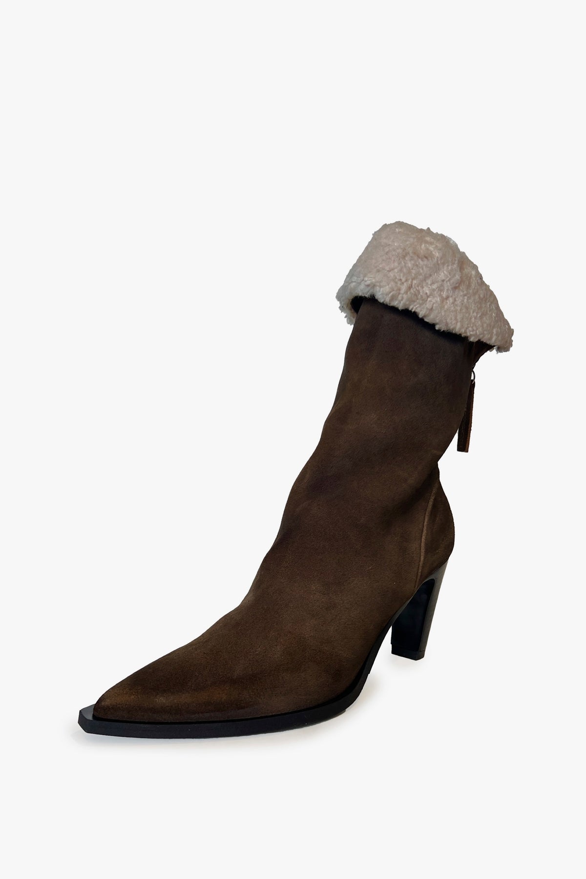 Brown Shearing Pointy Toe High Heel Boots