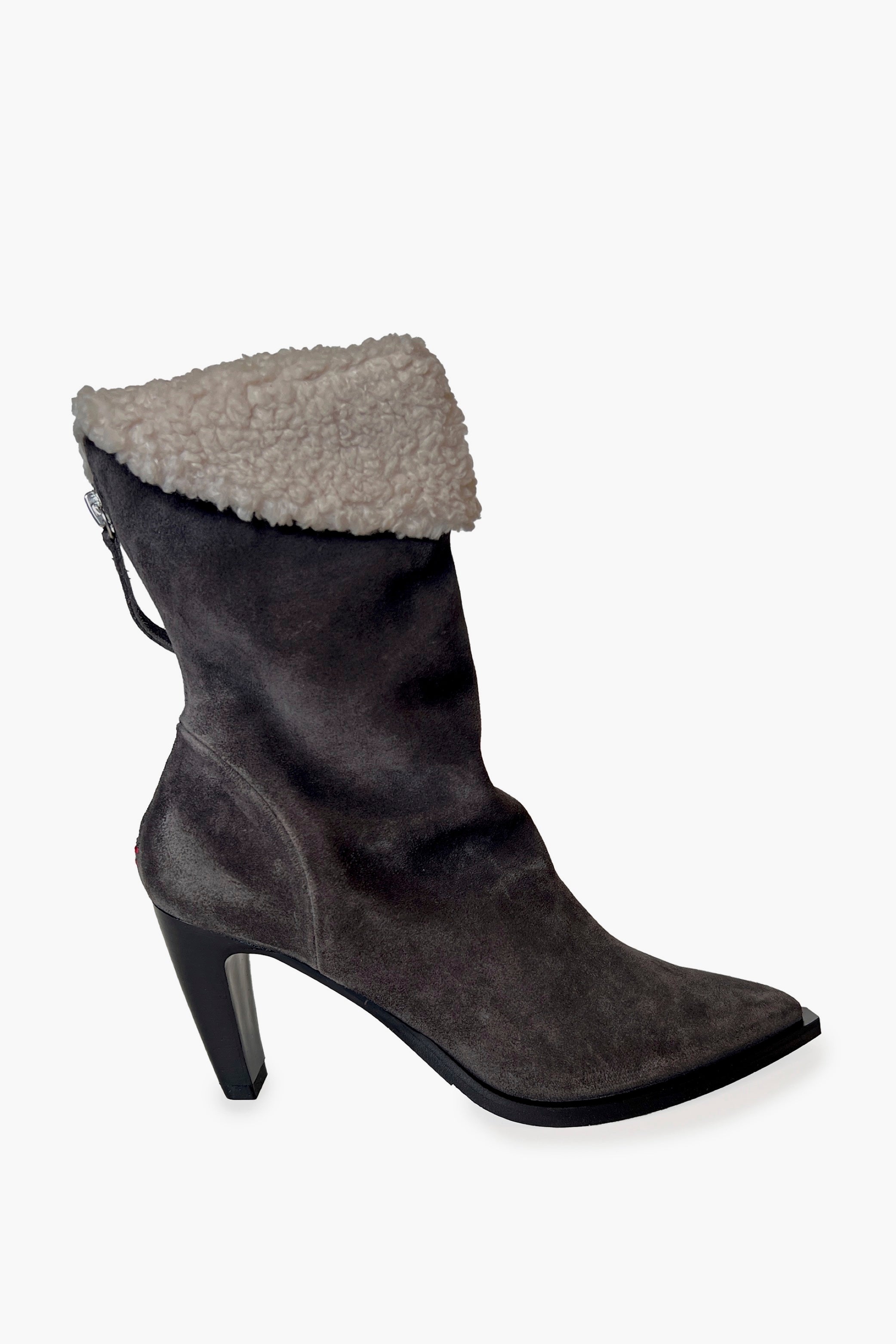 Gray Shearing Pointy Toe High Heel Boots