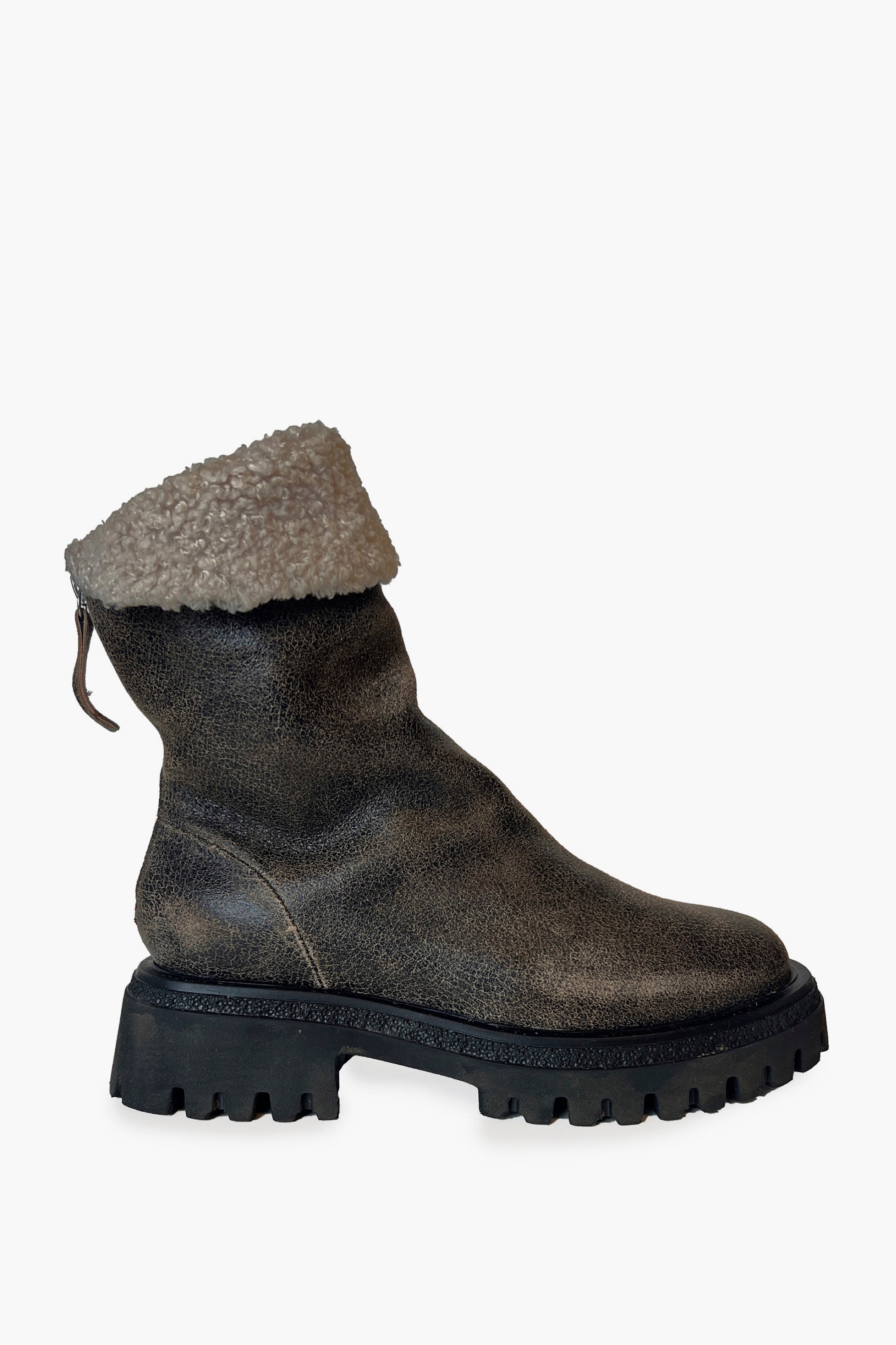 Brown Shearling Round Toe Lug Sole Ankle Boots