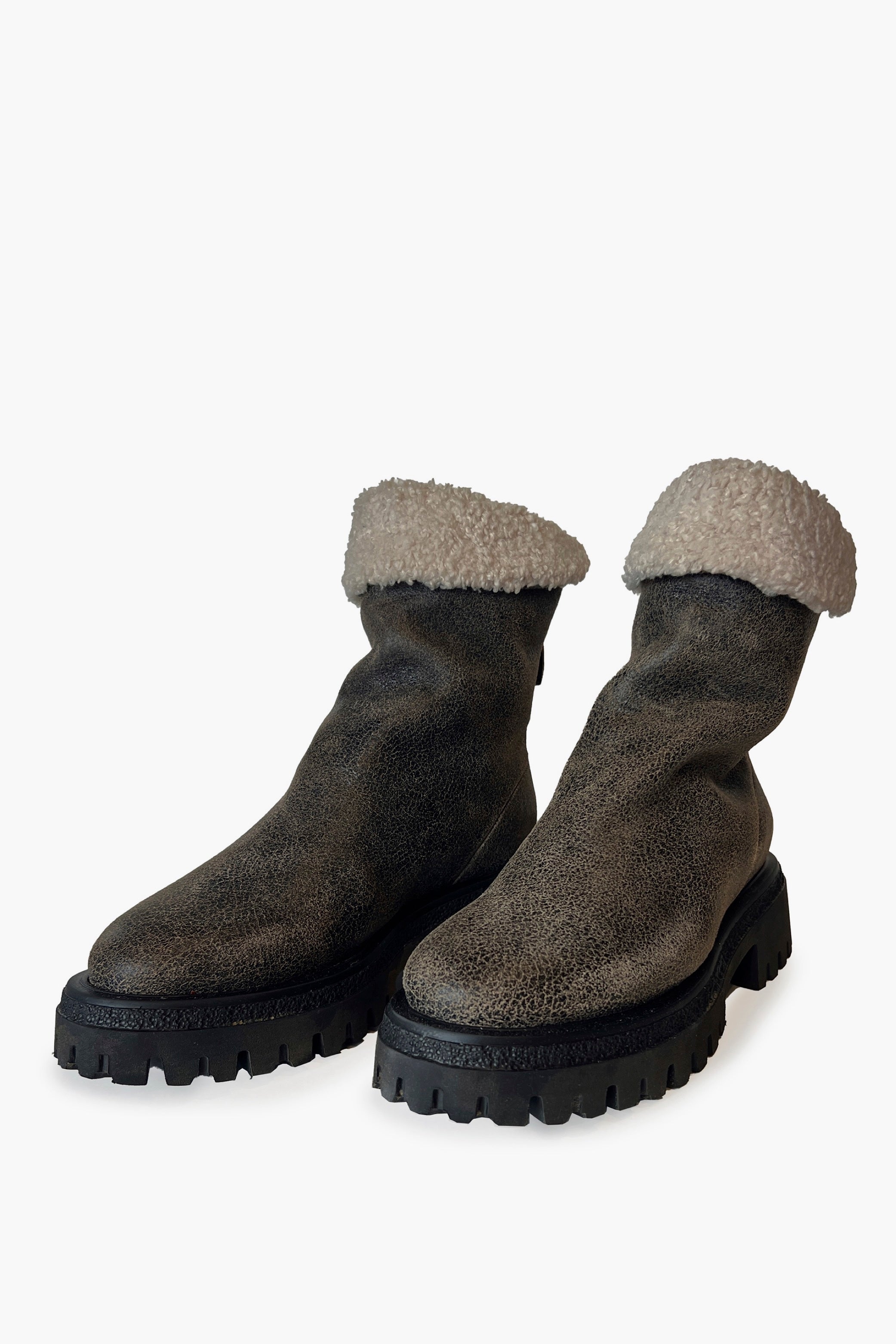 Brown Shearling Round Toe Lug Sole Ankle Boots