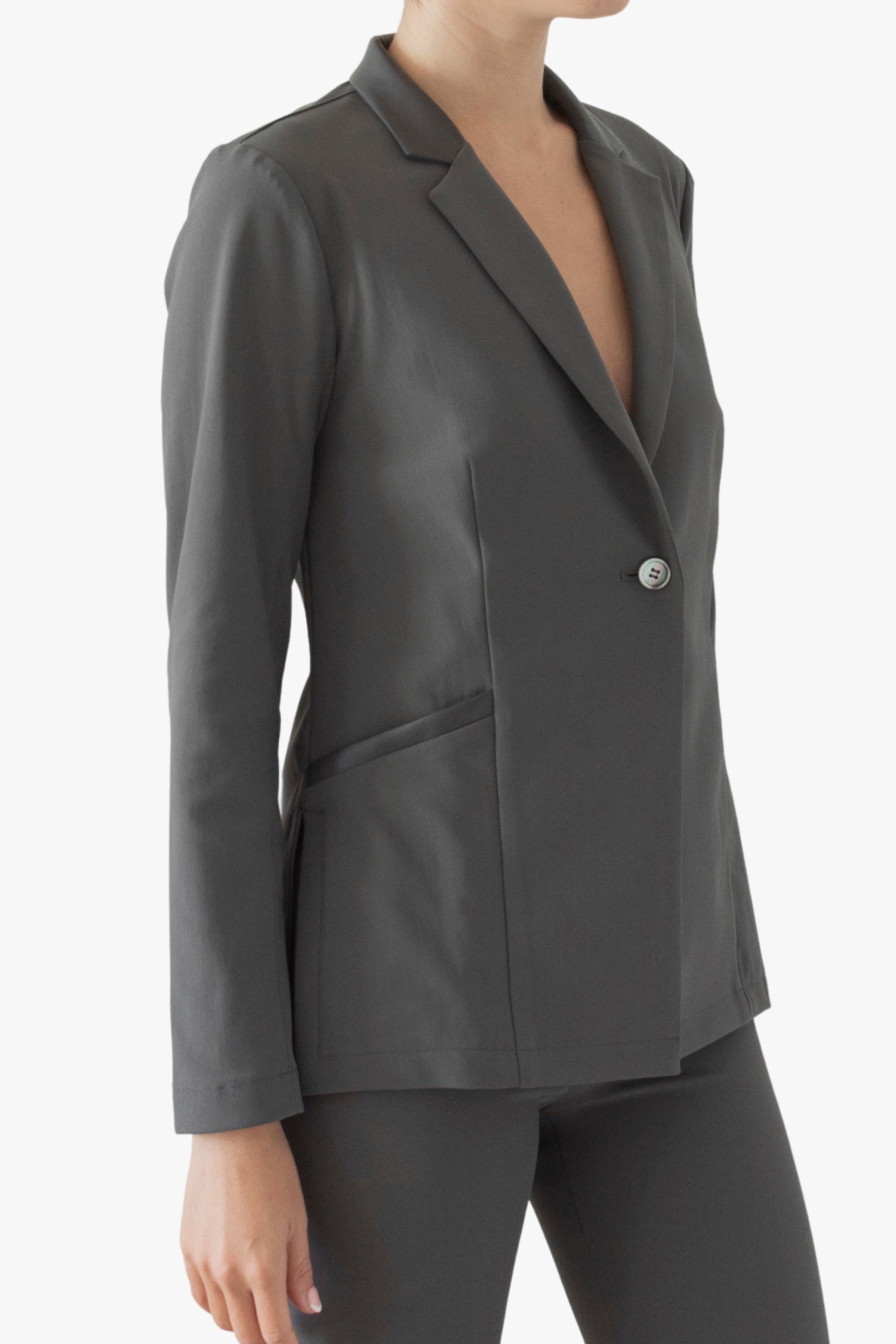 Tech Stretch Button Blazer with Leather Trim