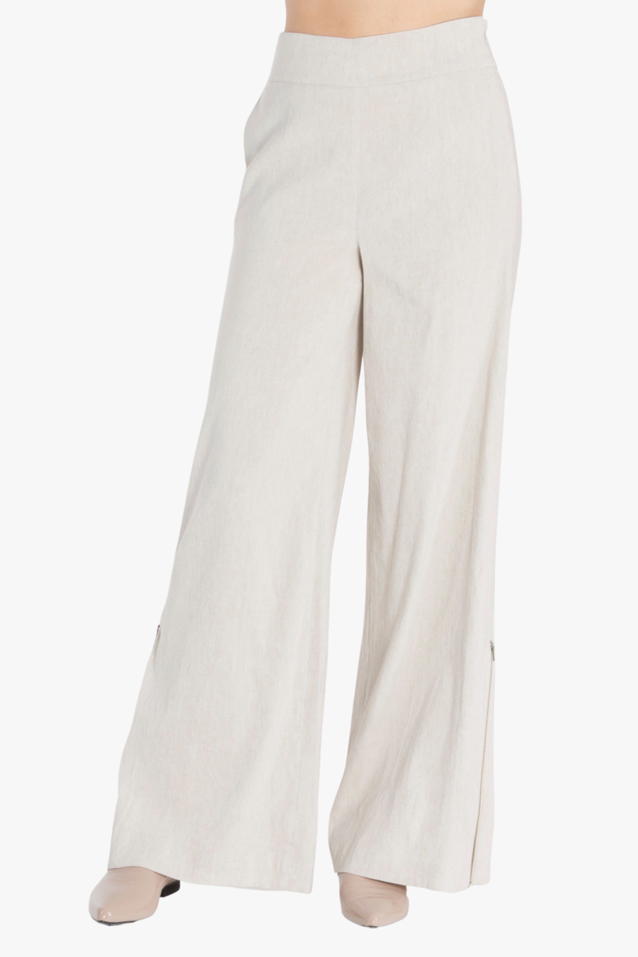 Beige wide-leg pants on a white background