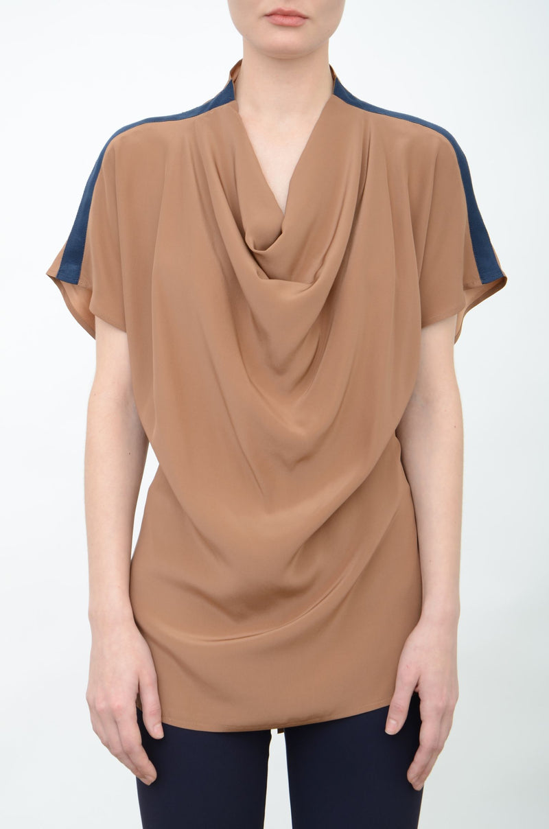 Silk Drape Neck Shell Top with Grosgrain Tape - ARIA FA24 Top GENERAL ORIENT Mink-Silk P 