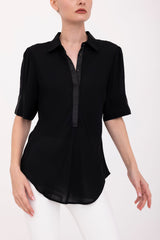 Silk Georgette Short Sleeve Pullover Shirt - BAYLOR Top GENERAL ORIENT Black P