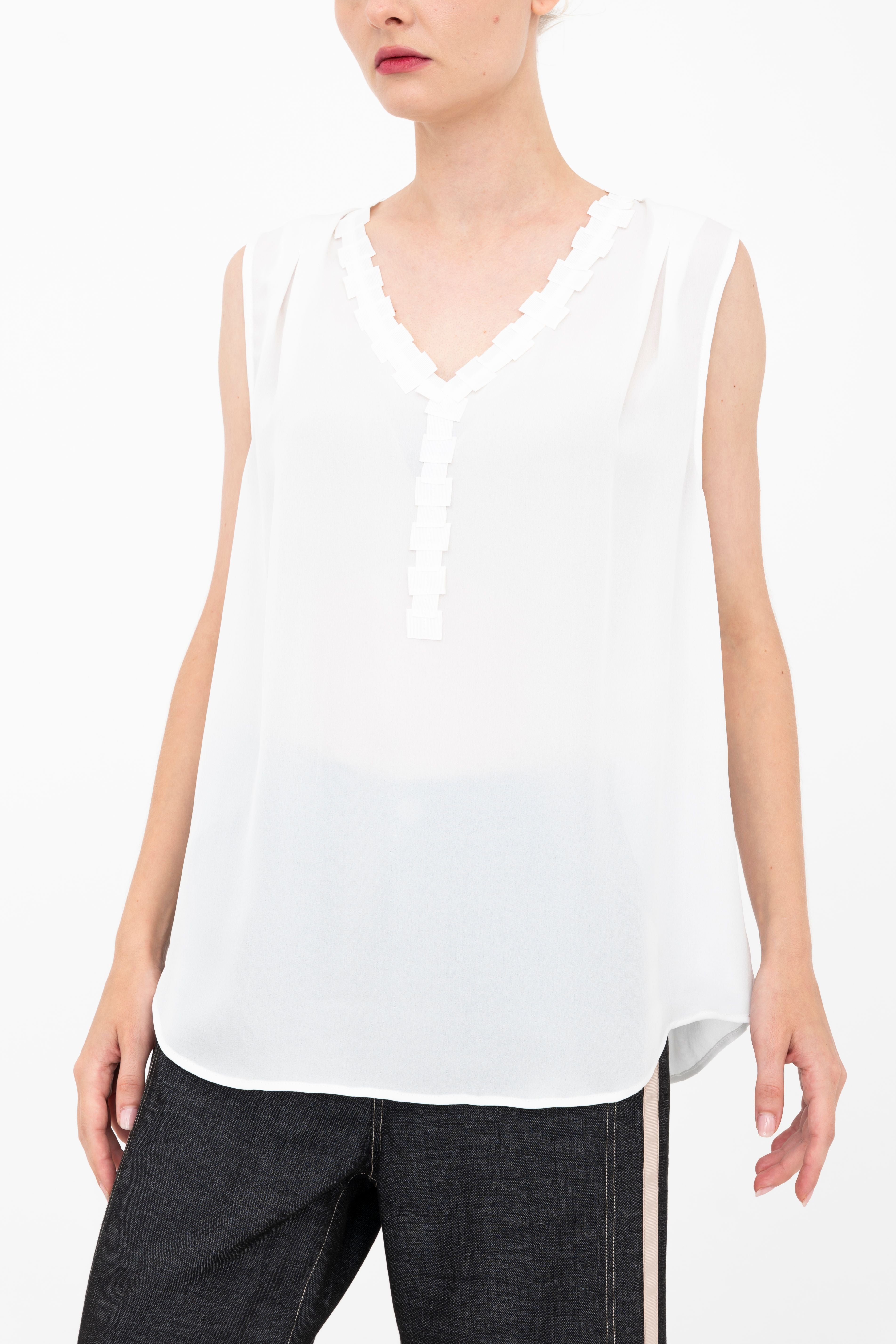 Silk Georgette V Neck Shell Top with Grosgrain Trim - BETTINA Top GENERAL ORIENT