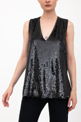 Sequins V Neck Shell Top - ARIANA H24 Top GENERAL ORIENT Black Sequin P/S 