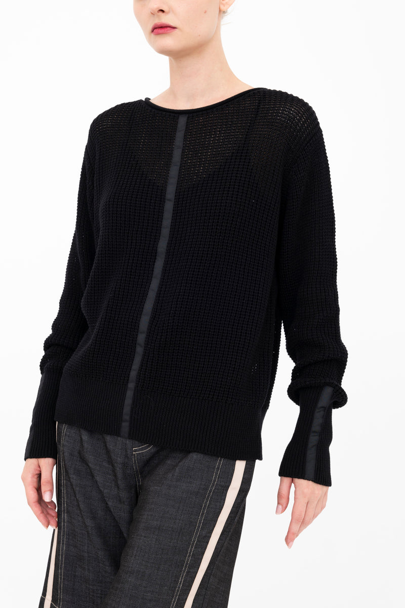 Cotton Waffle Knit Top with Grosgrain Trim - BERNETTE Sweater YUE FENG Black P